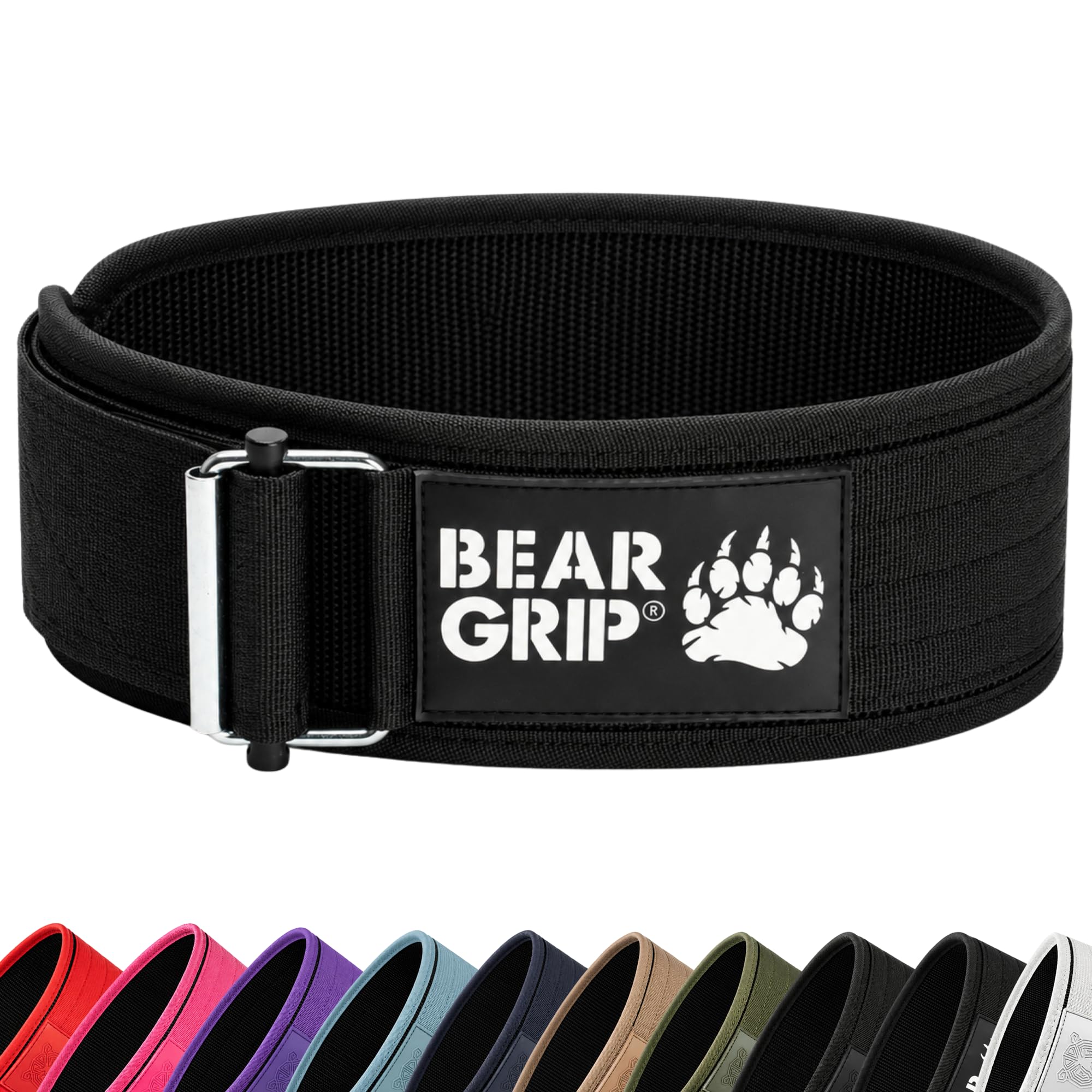 BEAR GRIP Self-Locking Weight Lifting Belt – Deadlift, Bodybuilding, Squat & Powerlifting – Premium Weightlifting Gym Belt for CrossFit & Olympic Lifting for Men and Women - (Black, New Logo, L)
