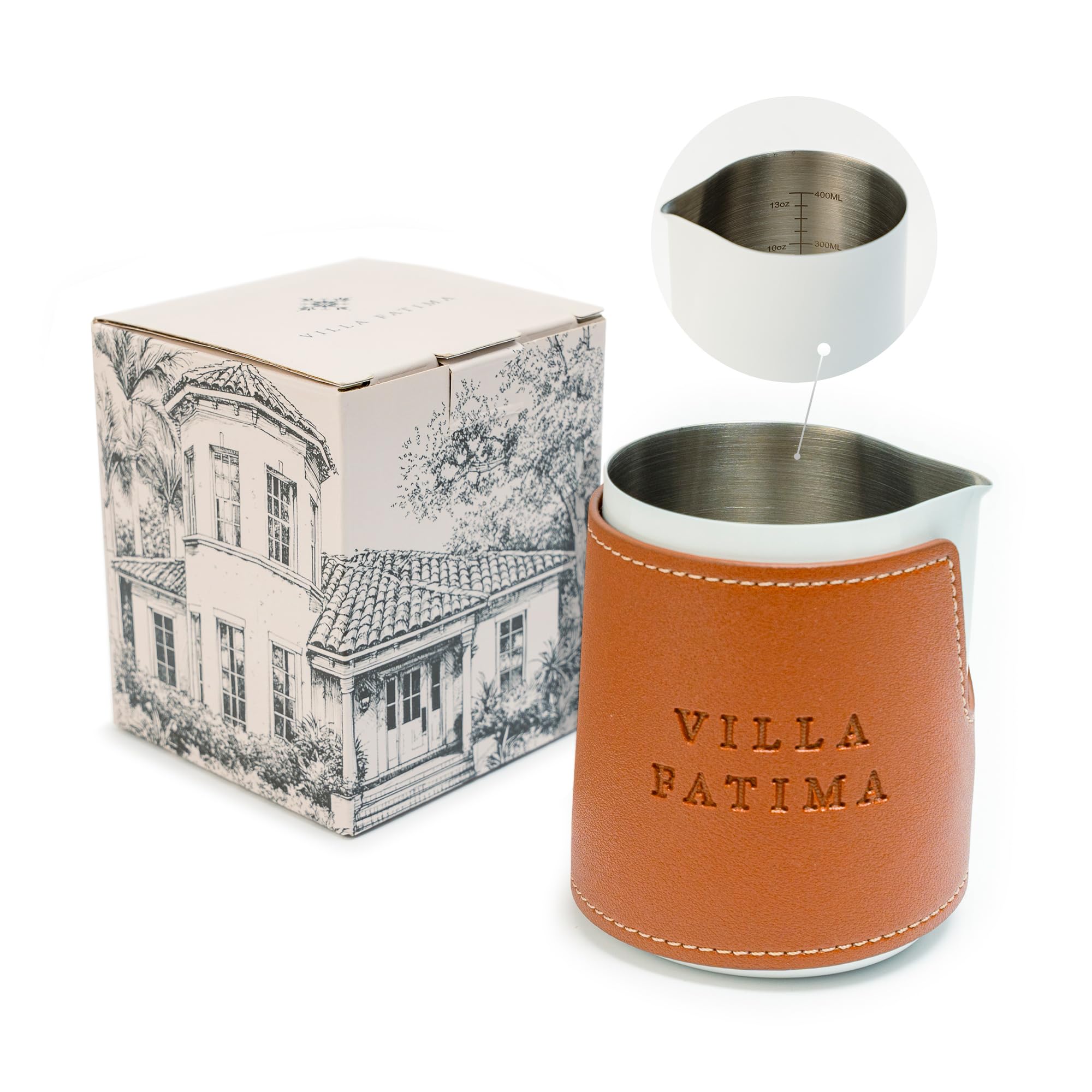 VILLA FATIMA Handleless Milk Frothing Pitcher 14oz - Premium Stainless Steel Frother Cup for Baristas - Milk Steamer Cup with Precision Spout - barista pitcher with Elegant Gift Box Packagingr - White