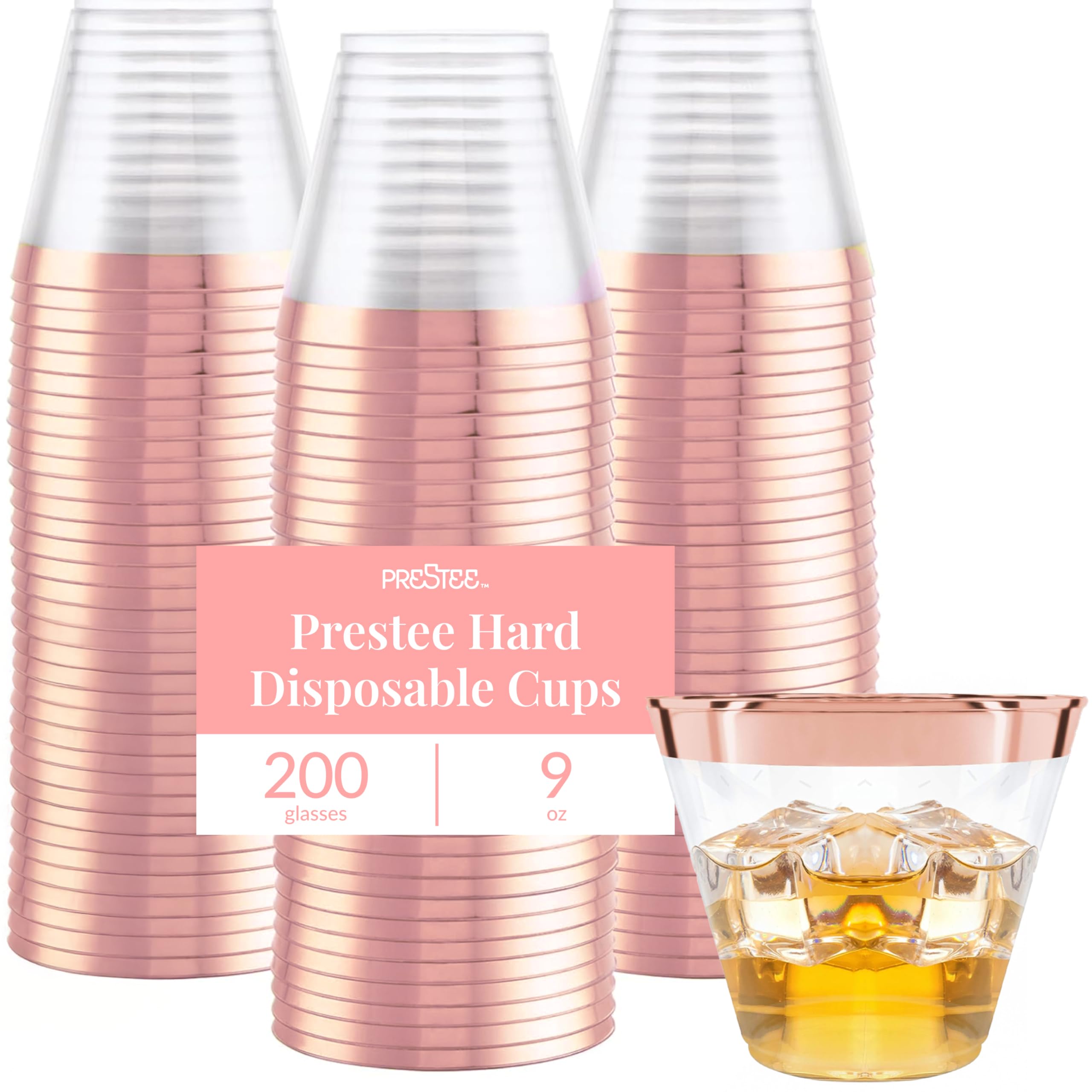 Prestee 200 Rose Gold Plastic Cups 9oz Elegant Hard Disposable Tumblers for Wine Cocktails Beverages Clear Plastic Cups