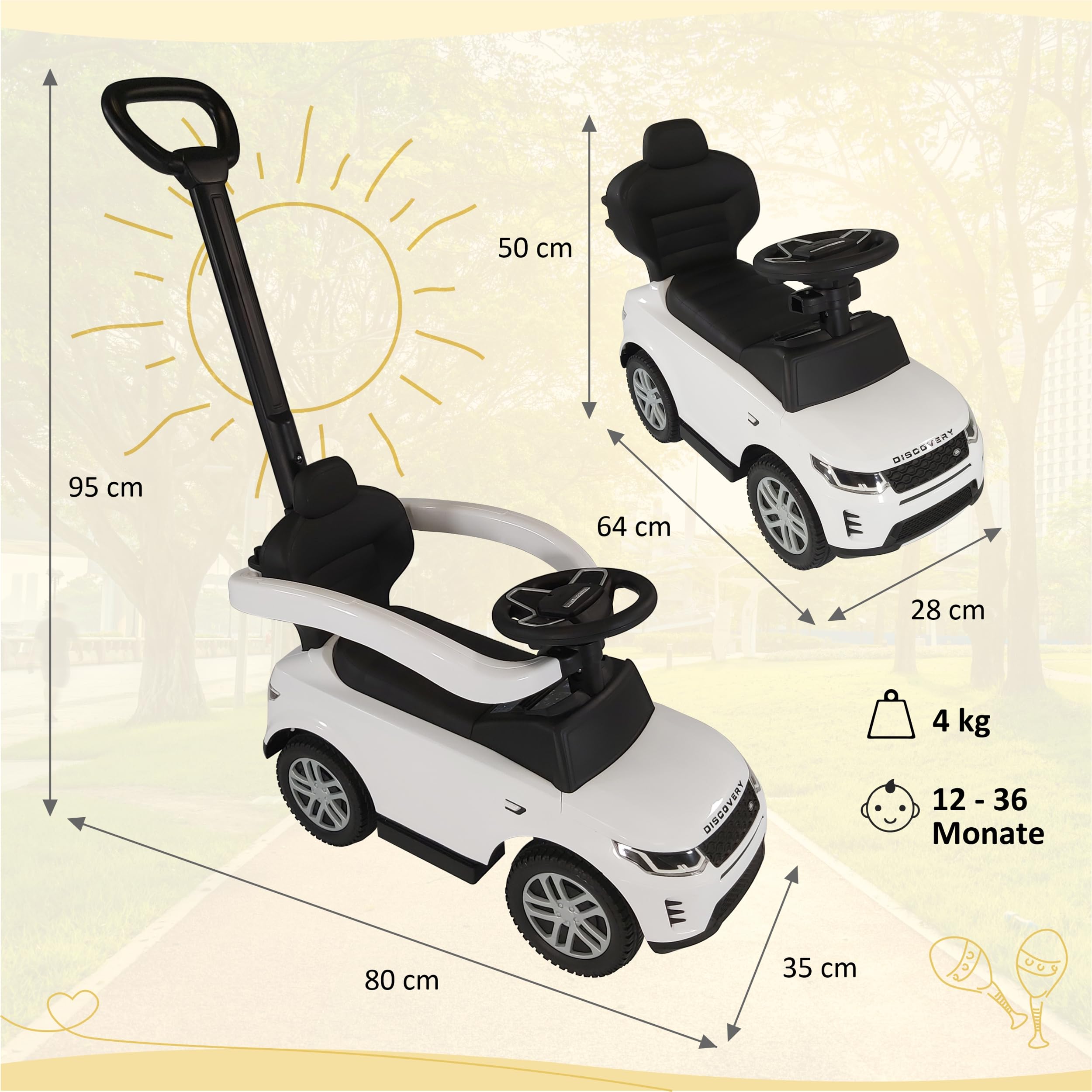 Lemodo Rutschauto ab 1 Jahr – Rutscherfahrzeug weiß Kinderfahrzeug mit Schiebestange und Sicherheitsbügel, Rutscherauto mit Staufach und Sound-Lenkrad, Lizenziertes Kinderspielzeug von Land Rover