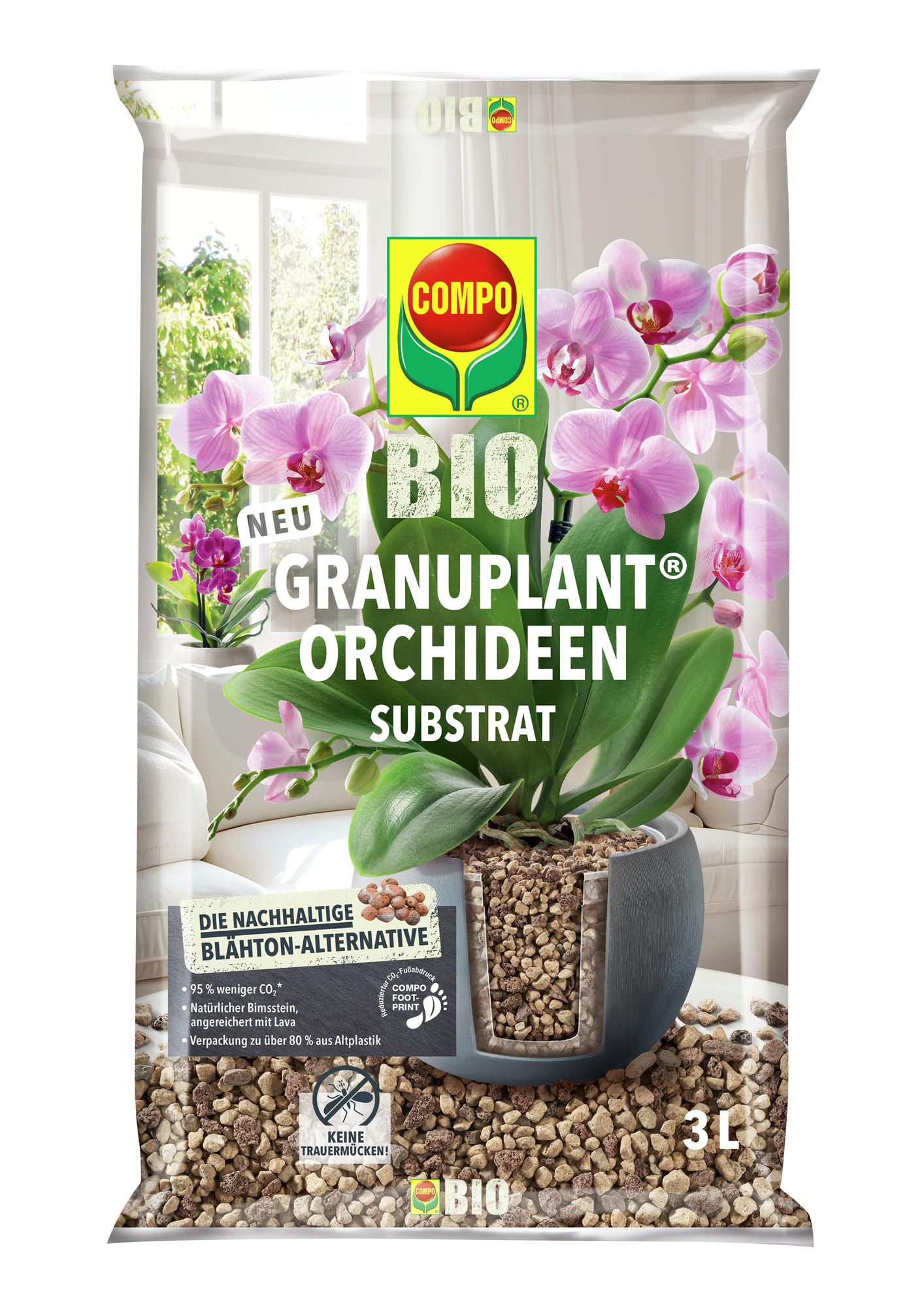 Compo Bio GRANUPLANT® Orchideen Pflanzgranulat 3 L, natürlicher Bimsstein, Keine Trauemücken, nachhaltige Alternative zu Blähton, grau/beige