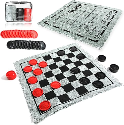 Miniatura 9 de Juego de damas gigantes  Tablero de juego de Tic Tac Toe 3 en 1 para adultos y niños con 24 piezas a cuadros alfombra reversible  Juegos para