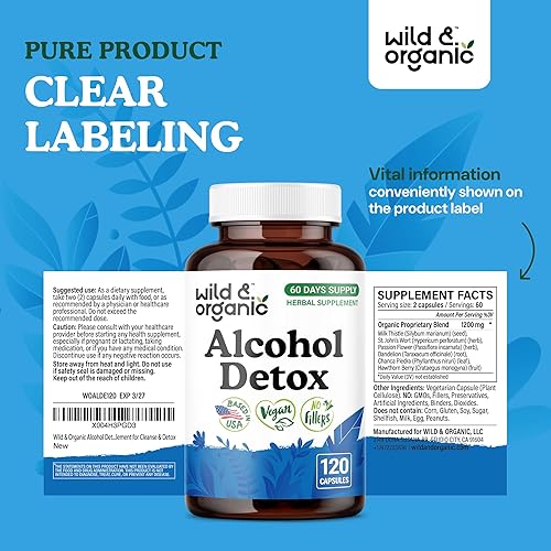 Miniatura 7 de Wild & Organic Cápsulas de desintoxicación de alcohol, fórmula de apoyo al hígado y los riñones, suplemento anti alcohol con cardo mariano, raíz de