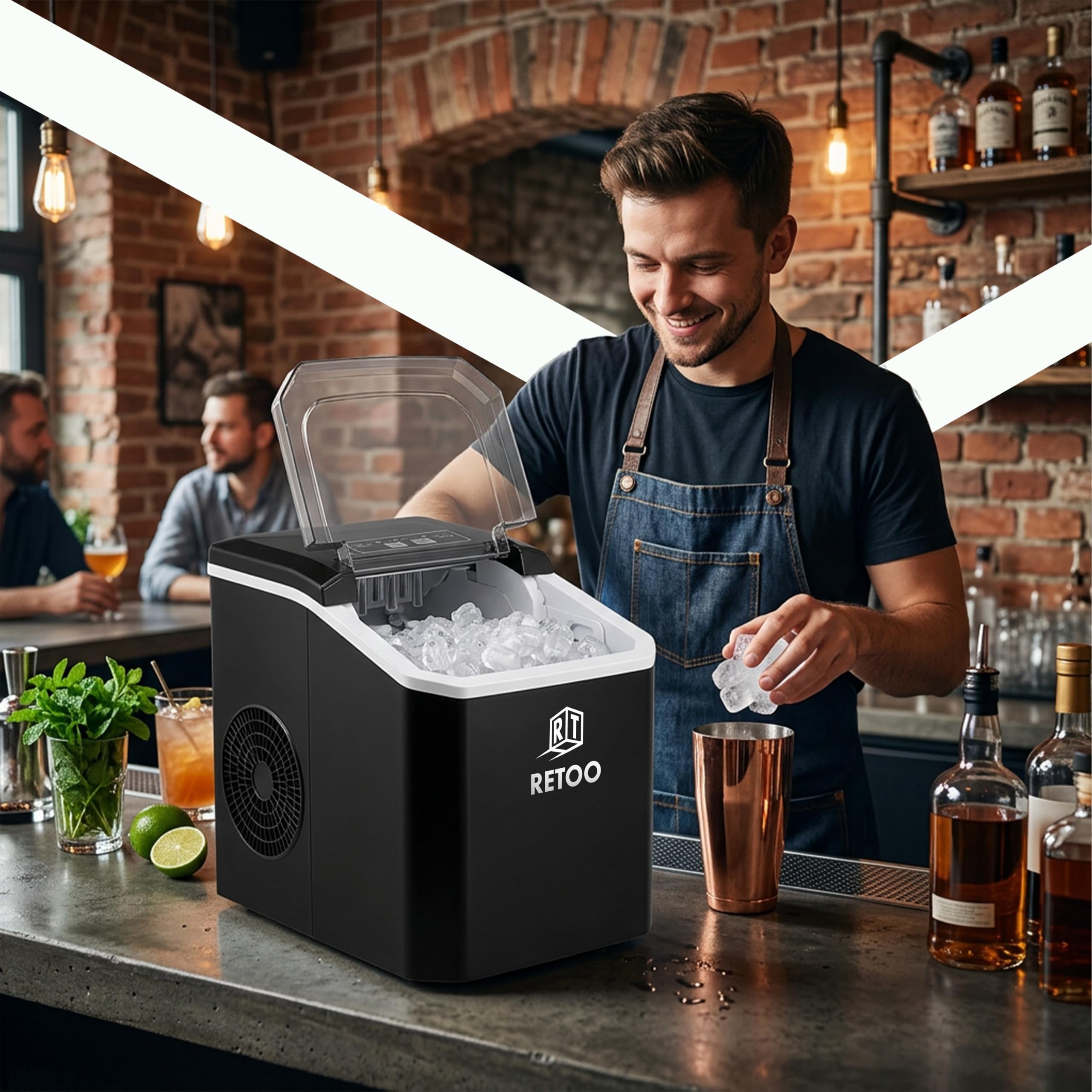 Retoo Eiswürfelmaschine 12 kg/24h, 9 Eiswürfel/6–12 Min | Selbstreinigung, 1,5 l , 2 Eisgrößen, Display, Wasserstandsanzeige, 0,7 kg Eisbehälter, 120 W