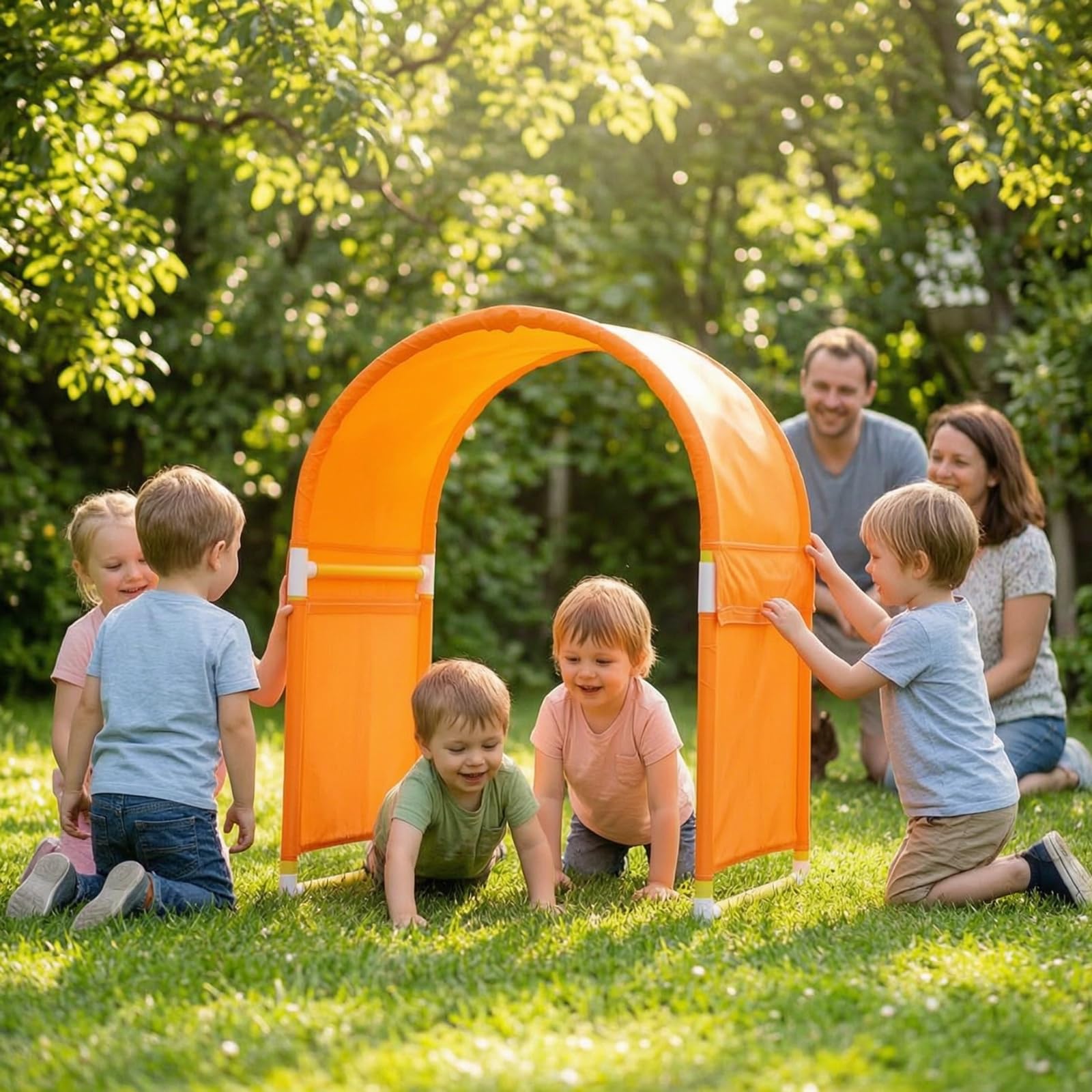 Children Training Tunnel Krabbeltunnel Spieltunnel Bewegungstunnel Motorikbogen mit Leichtem PVC-Gestell Und Textilbezug für Motoriktraining Und, Orange