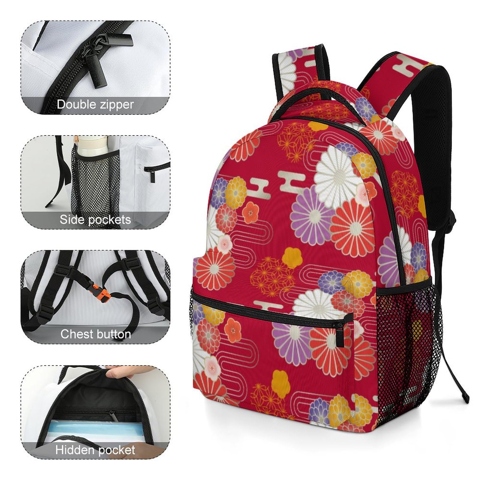 Amazon.co.jp: リュック 子供 花柄 レッド 和風 菊 リュックサック 