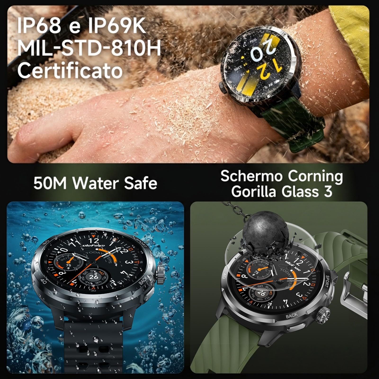Watch Pro - Orologio da uomo militare con GPS, Bussola, ChatGPT, chiamate Bluetooth, frequenza cardiaca, orologio sportivo con più di 100 modalità sportive