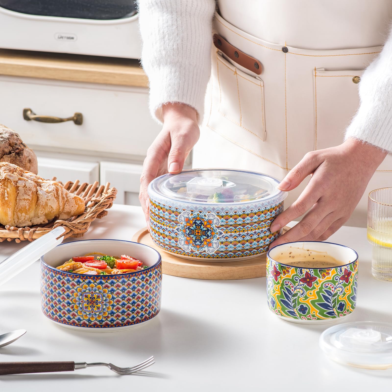 HENXFEN LEAD Servierschalen mit Deckel 3 teilig, Salatschüssel 330/600/950ml, Suppenschalen für Reste, Suppe, Müsli, Mittagessen, Bunte Müslischale - Bohemian Style