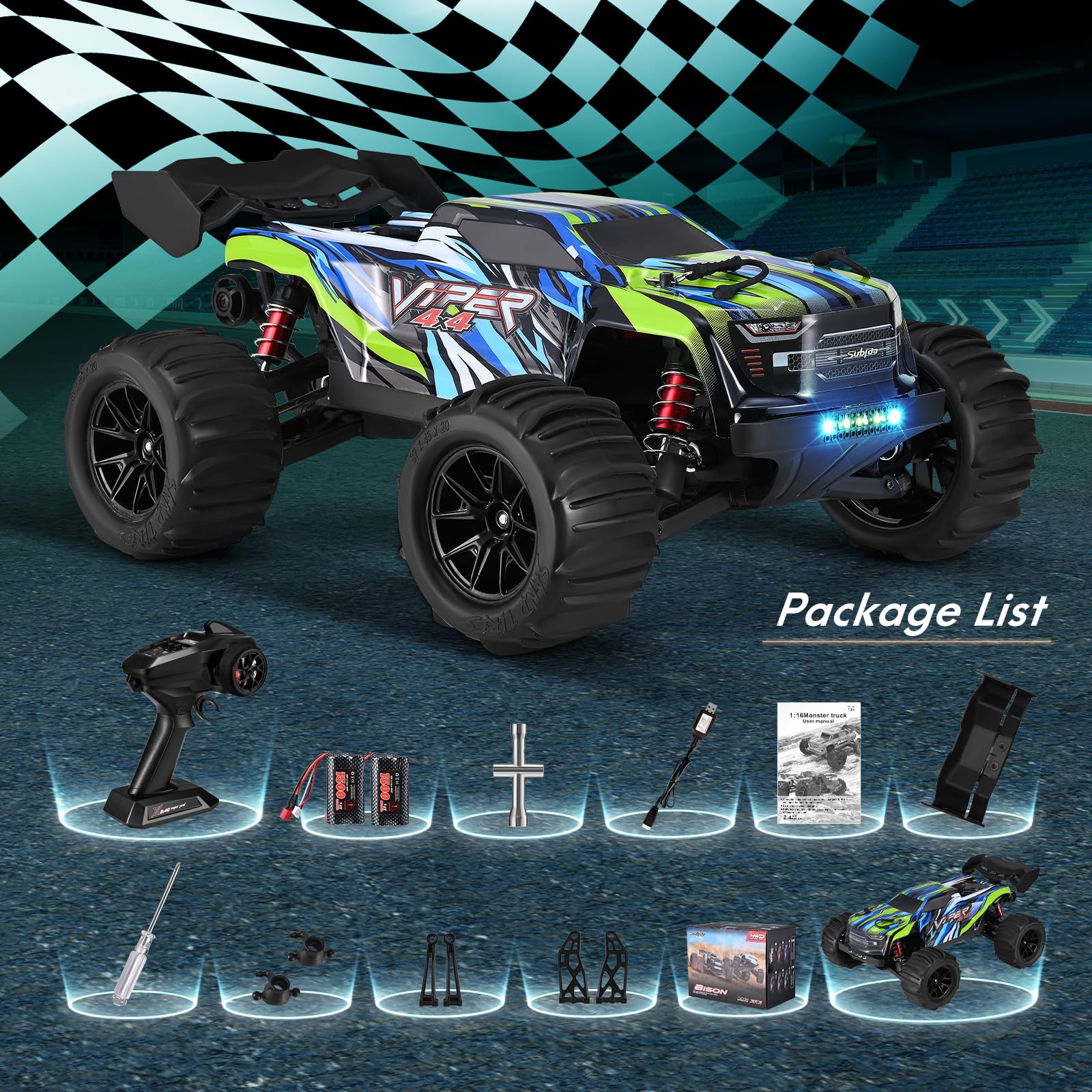 Camion RC 4x4 Vitesse Voiture Télécommandée YONCHER 1:18 4x4 - 40km/h 2 Batteries 70min Jeu Tout Terrain Camion RC Adulte
