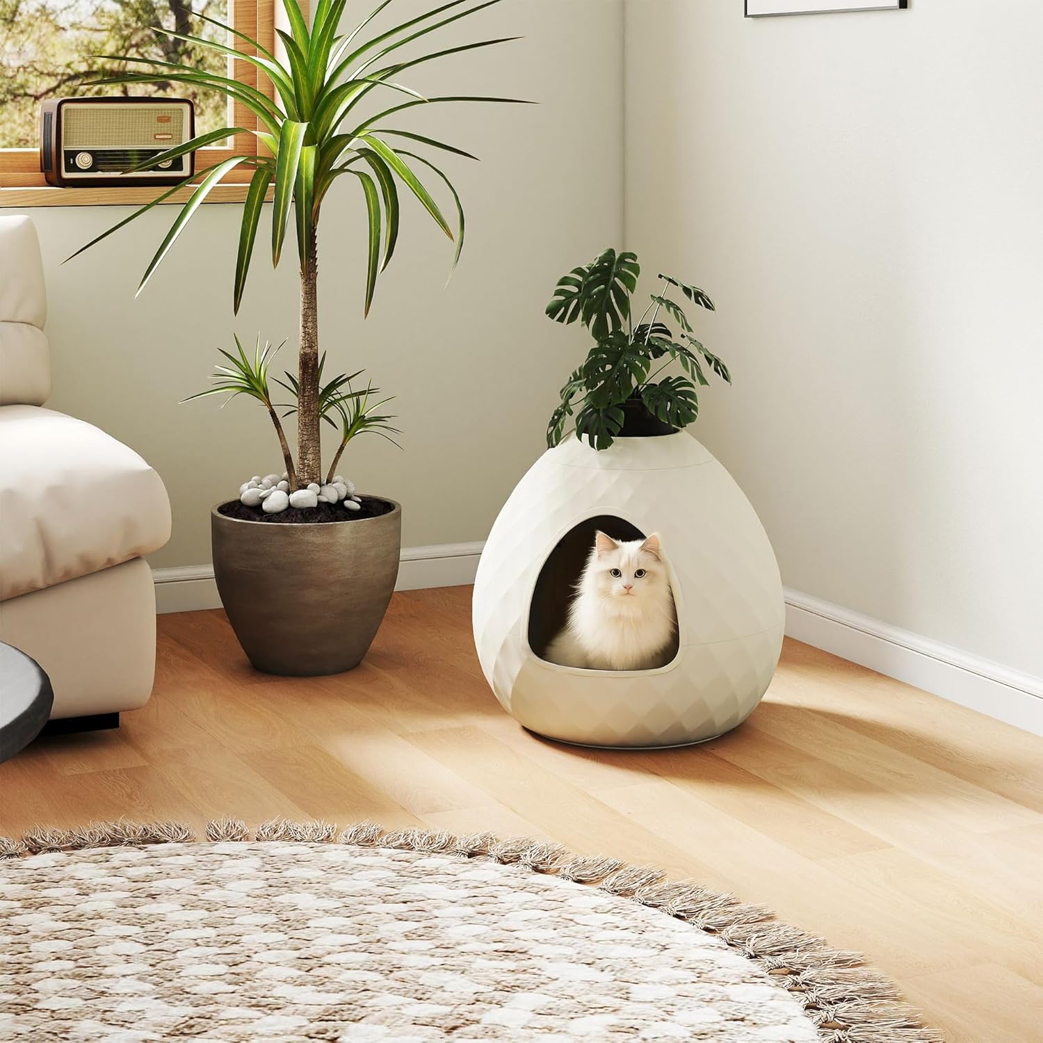 Hidden Cat Litter Box Enclosure with Odor Control, Plant Hidden Litter Box with Removable Planter Top in Living Room, Bedroom, Corner, Easy Clean, Indoor Design, Original Round Style,White