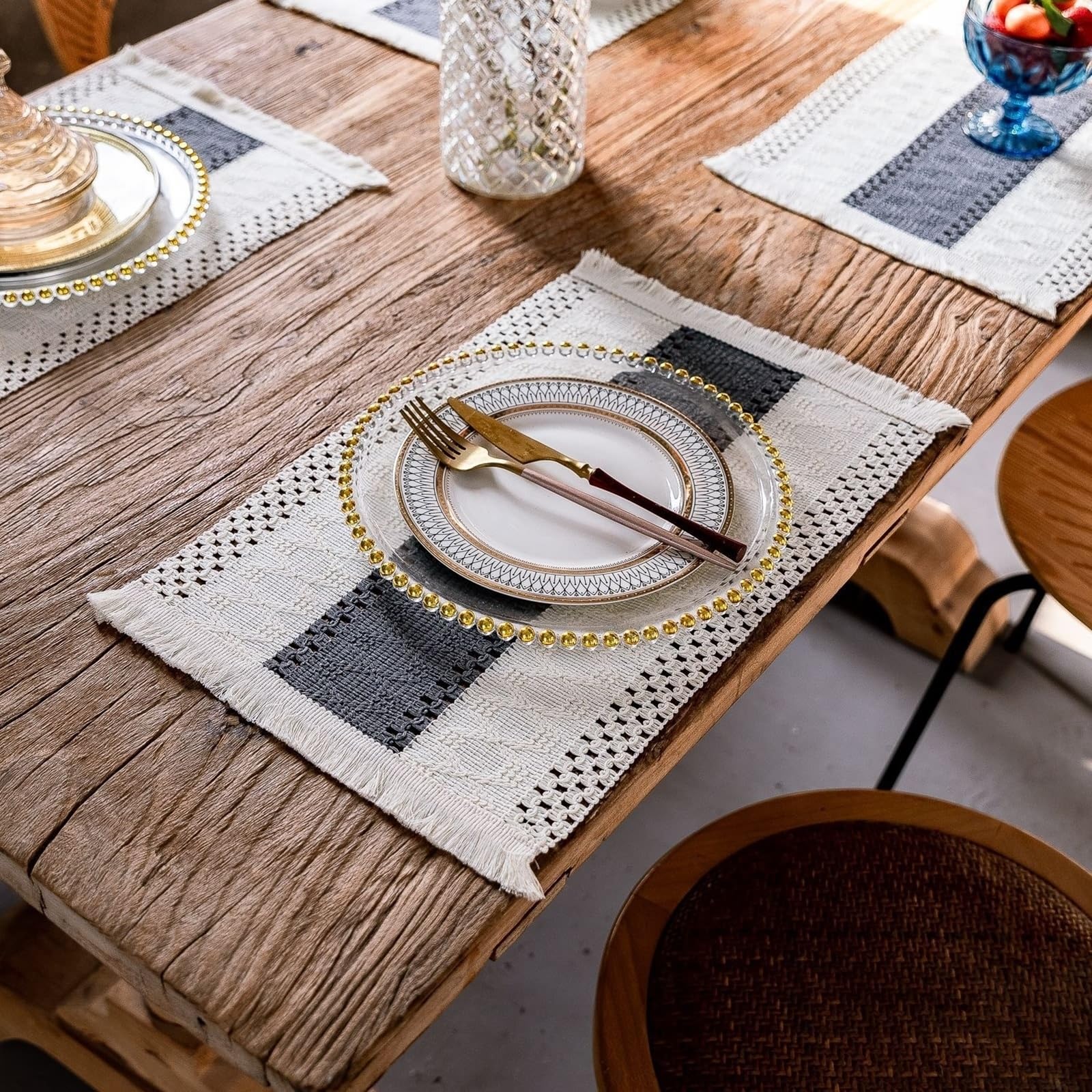 Placemat - Juego de 6 manteles individuales (30 x 50 cm), diseño de rayas, color beige y gris