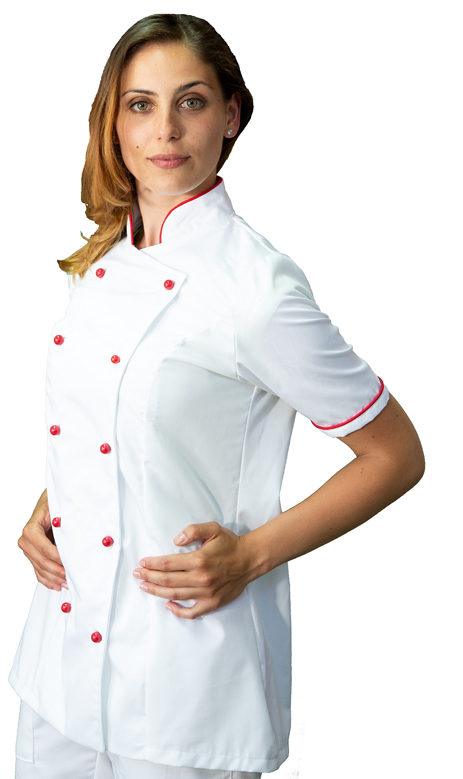 Bordado gratuito – Conjunto de cocinero de cocina – blanco y rojo – uniforme de chef mujer de manga corta – Pantalón, chaqueta y delantal – Fabricado en Italia