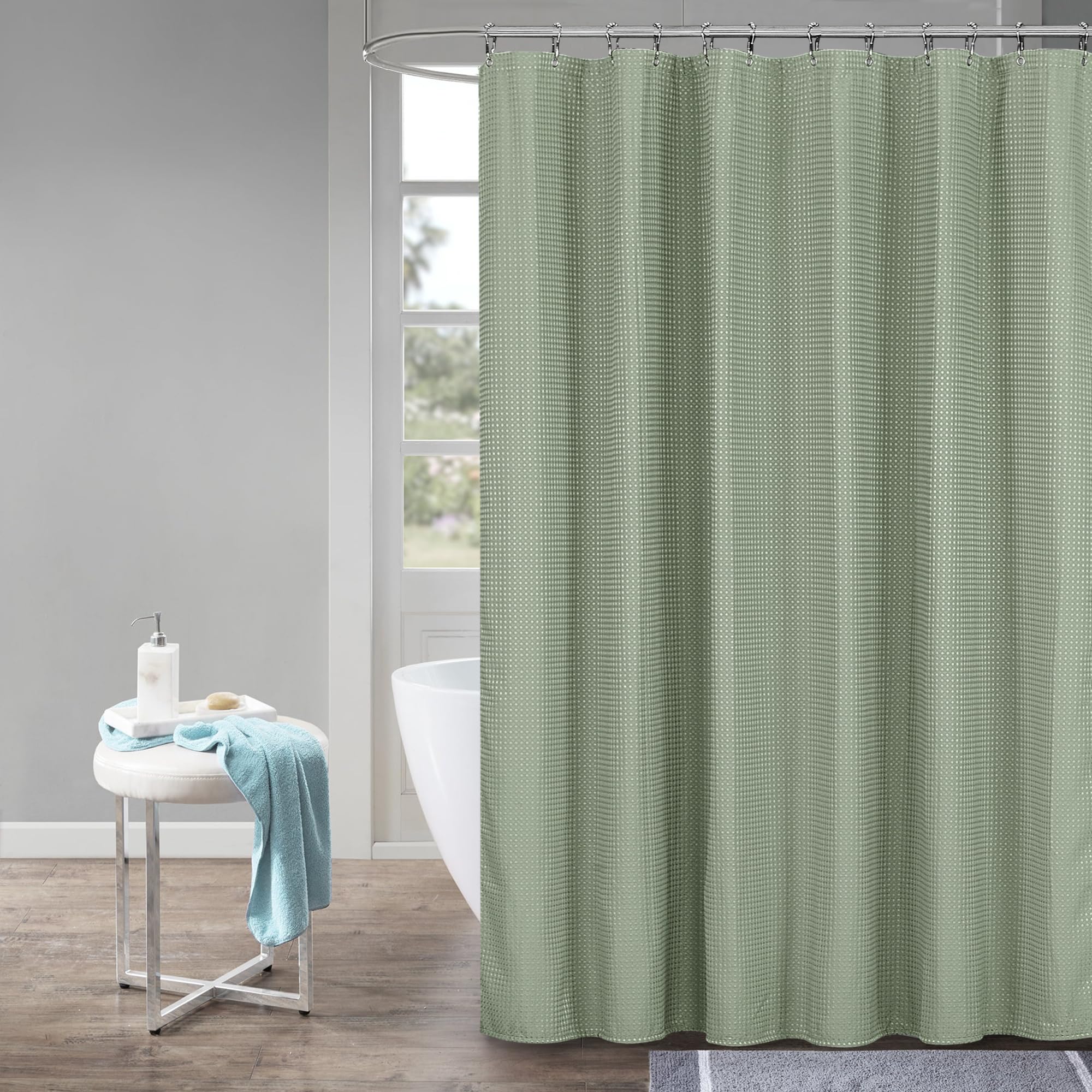 Rideau de Douche en Tissu Polyester Lavable en Machine Imperméable 183 x 183 cm avec 12 Crochets Vert