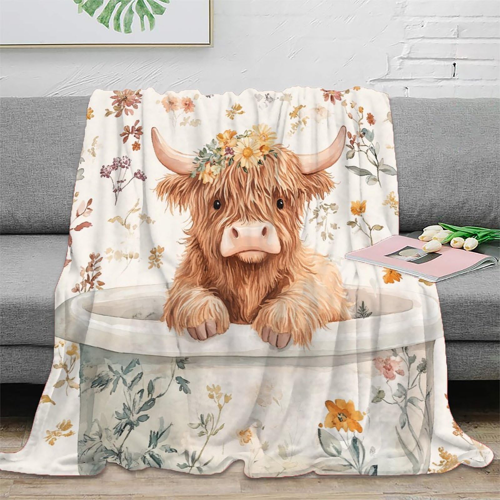 Rjavagfzl Xu5ll0s3buuj 3D Printed Highland Cow Warm Blanket Microfiber Soft Warm Bedding Breathable Floral Vintage Warm Throw For Christmas Thanksgiving Easter 40X50inch(100X130cm)
