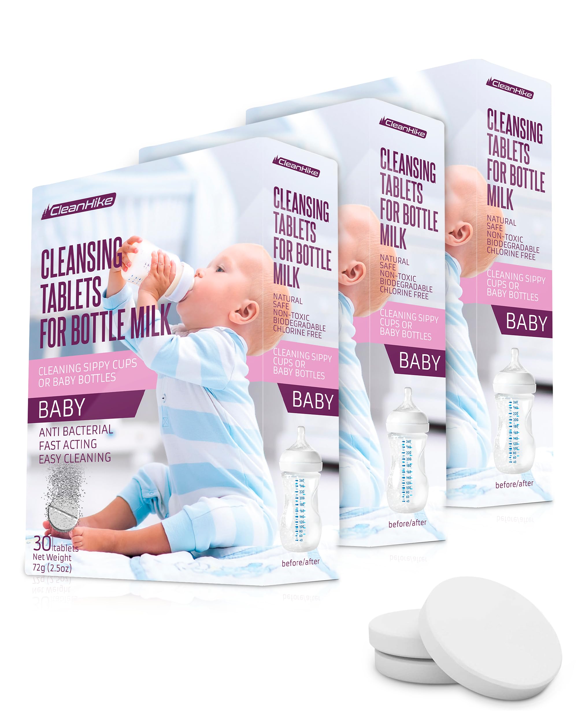 (3) Baby Water Bottle Cleaning Tablets - (90 Pack) Natural Bottle Cleaner for Milk Bottles Tabs for Stainless Steel and Plastic Kid's Tumbler - Individually Packed