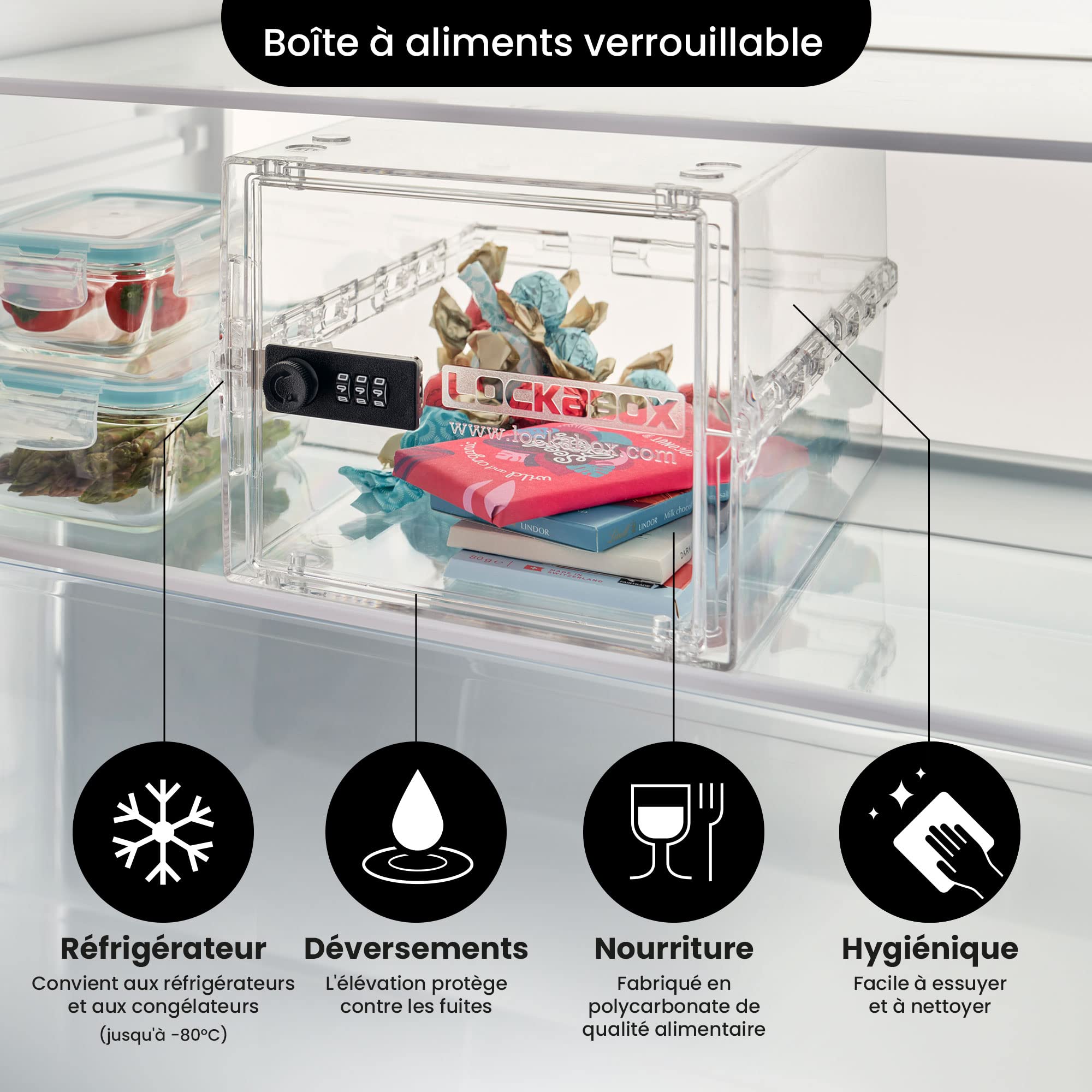 Lockabox One™ | Boîte de rangement verrouillable de qualité supérieure | Boîte de rangement à combinaison de 10 litres pour aliments, médicaments et sécurité domestique | Sans BPA (Cristal)
