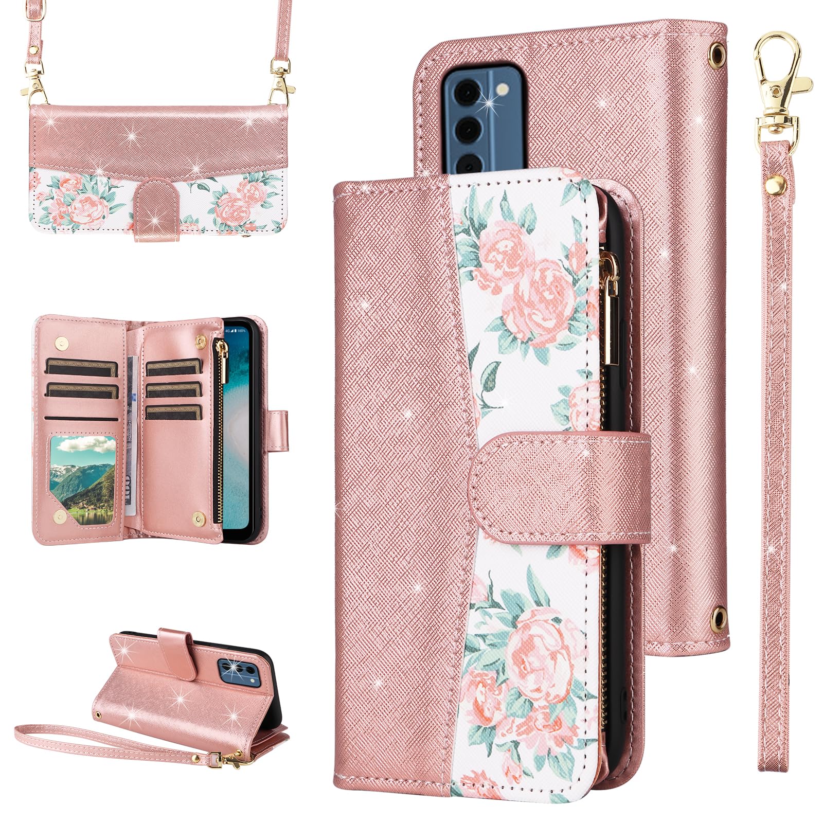 Furiet for Nokia C300 Floral Wallet Case Flip Zipper Purse Wrist Strap Shoulder Strap, Luxury Glitter PU Leather Card Holder Stand Accessories Phone