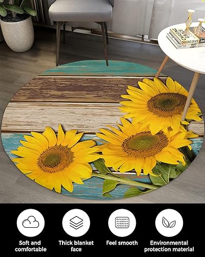 Miniatura 6 de Alfombra redonda de girasol verde azulado de 3 pies, lavable para interiores y exteriores, para dormitorio, cocina, baño, sala de estar, casa de