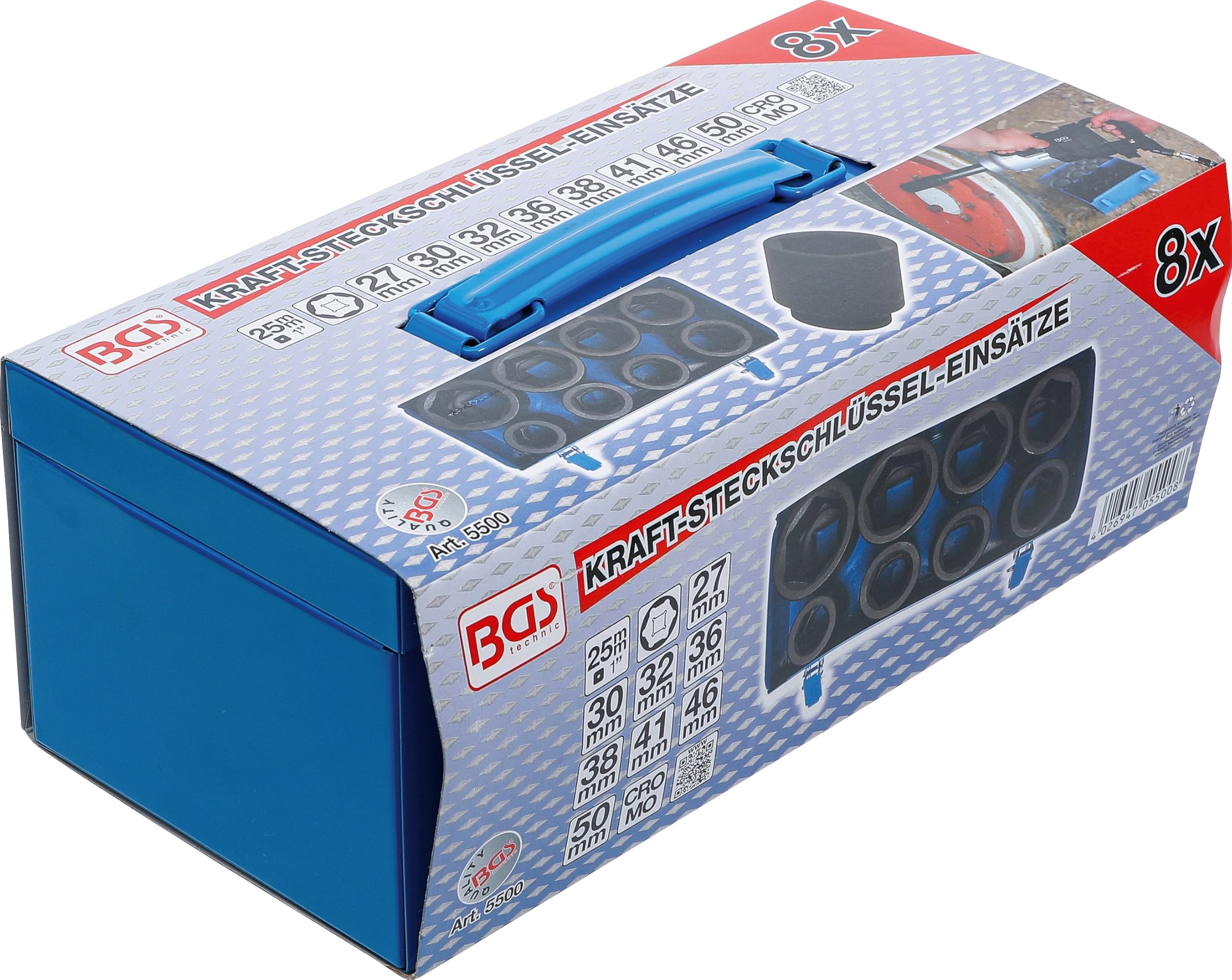 BGS 5500 | Kraft-Steckschlüssel-Einsatz-Satz | Sechskant tief | 8-tlg. | Antrieb Innenvierkant 25 mm (1") | SW 27 - 50 mm | Chrom-Molybdän-Stahl | phosphatiert