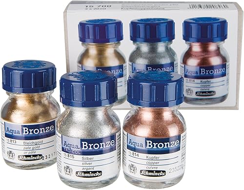 Schmincke - Conjunto Aqua-Bronce, oro pálido, plata, cobre, 3 x 0.7 fl oz, 15 700 097, efectos metálicos brillantes sobre gouache y acuarelas
