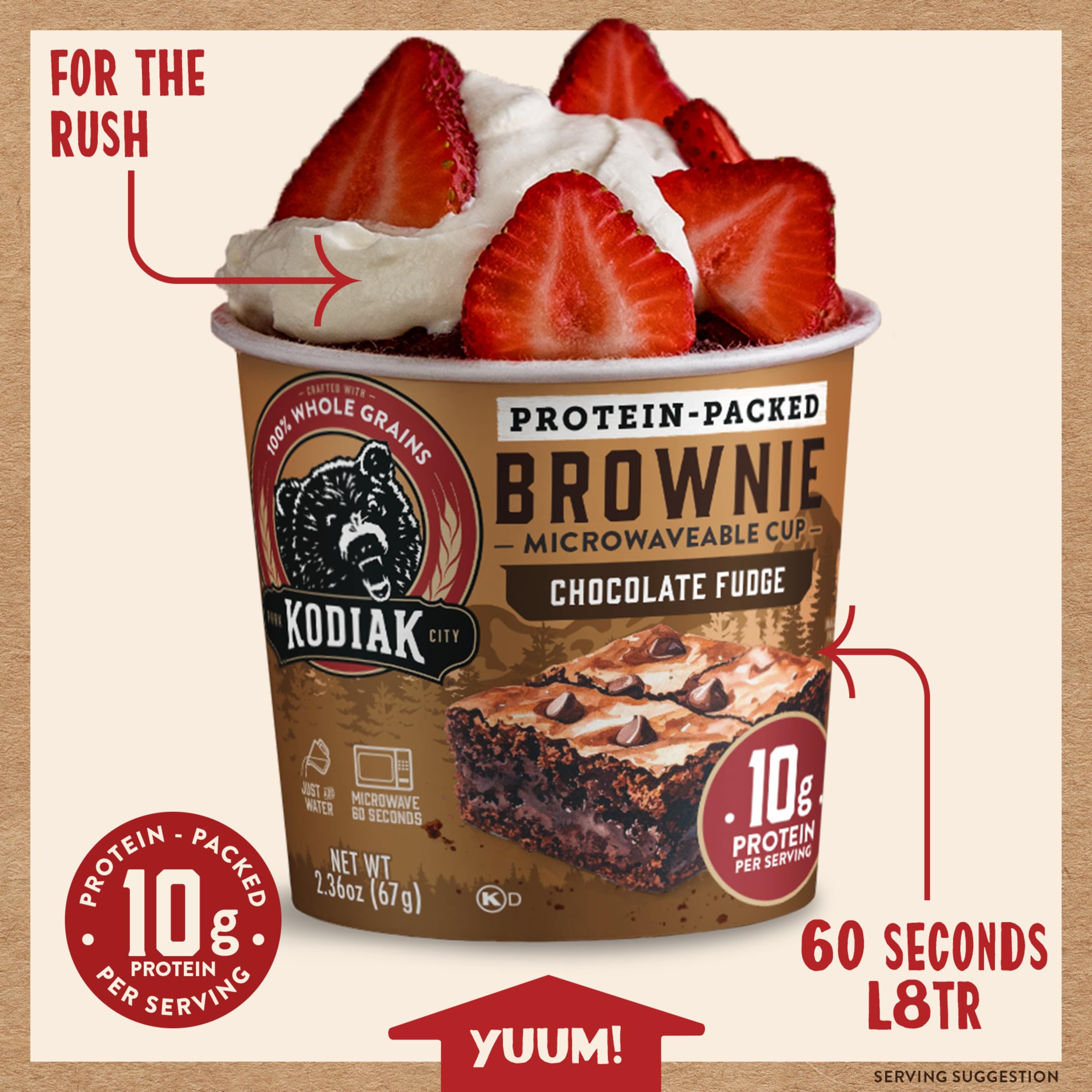Kodiak Cakes Brownie Power Cup - 100% Whole Grain, High Protein Cup Brownie - Chocolate Fudge Brownie Power Cup, 2.36 Ounce (Pack of 12) (Packaging May Vary)