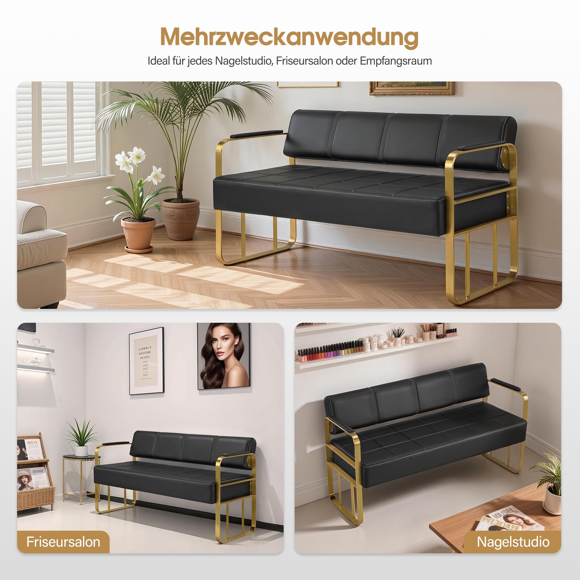 Barberpub 3-Sitzer Sitzbank mit Goldenen Armlehnen, Polsterbank mit Rückenlehne, Sitzbreite 144cm, Wartebank Friseur, Wohnzimmerbank, Friseureinrichtung W528 (Schwarz-Gold/Kunstleder)