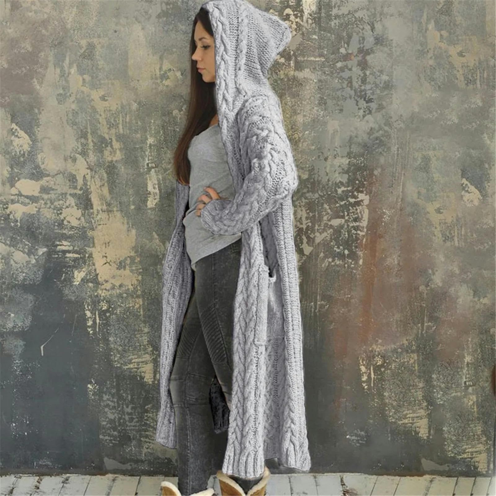 sweter sweter sweter luźny sweter z kapturem solidna zimowa kieszeń dzianiny długi płaszcz damski