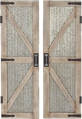 Deco 79 Escultura de pared geométrica de metal para decoración de pared de puerta de granero, juego de 2 arte de pared de 15 pulgadas de ancho, 47