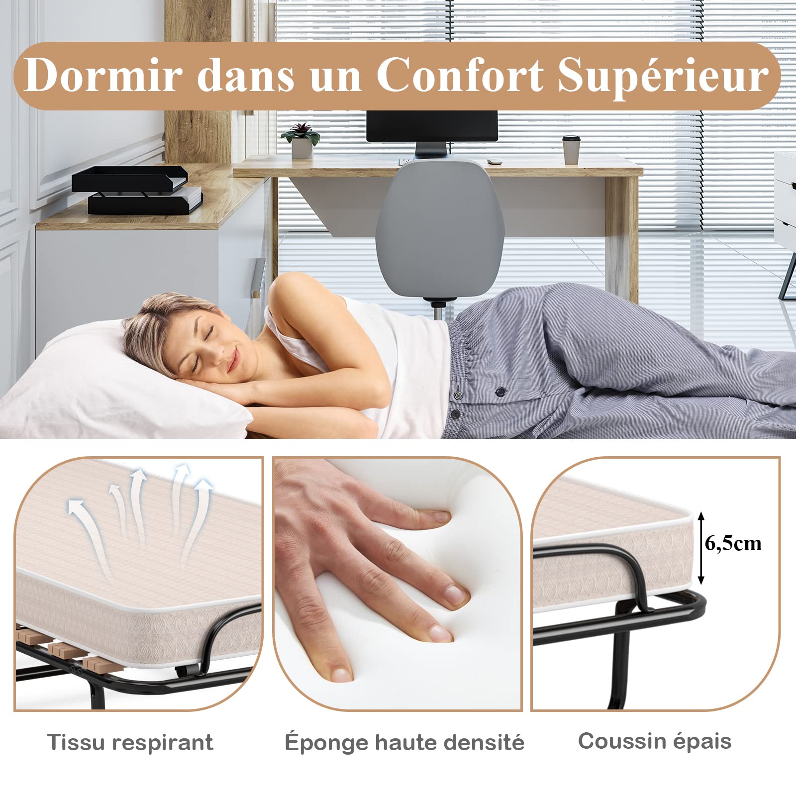 GOPLUS Lit Pliant 1 Personne 80x185CM, Lit Pliant Adulte avec Matelas en Mémoire 6,5 cm Orthopédique,Charge 136KG, Lit Pliable 1 Personne pour Invités et Othopédiques(Beige)