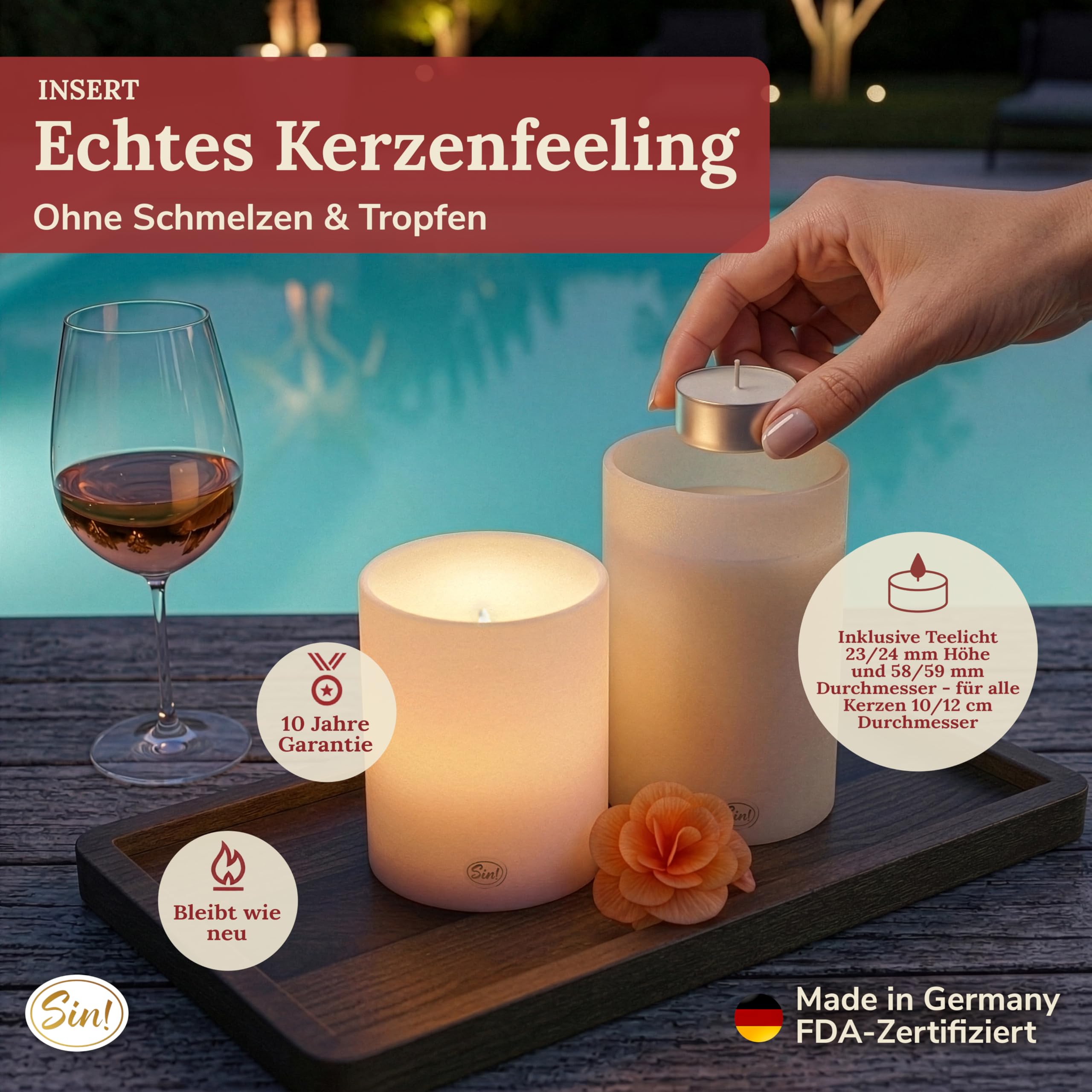 Sin!® 1x Teelichthalter & Stumpenkerze Insert ∅ 12 Höhe 12cm weiß - Die Kerze die nicht schmilzt! Kunststoff Dauerkerze inkl Teelicht 8 Std Brenndauer (Made in Germany) Kerzenoptik mit Teelichteinsatz