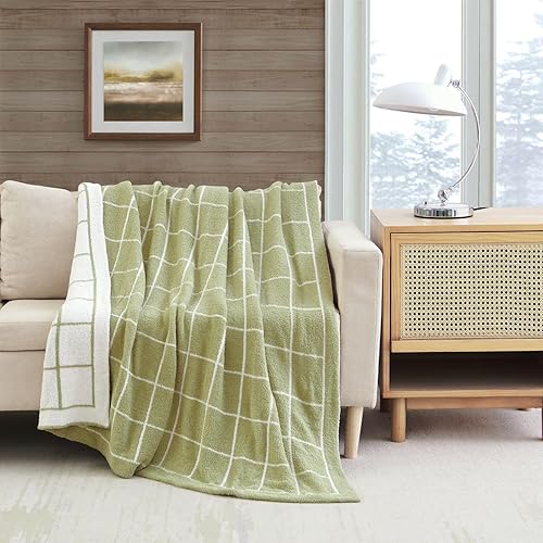 Manta de punto de plumas jacquard, súper suave, acogedora, esponjosa, cálida al tacto, para sofá, silla, cama, campamento, picnic, viajes, manta