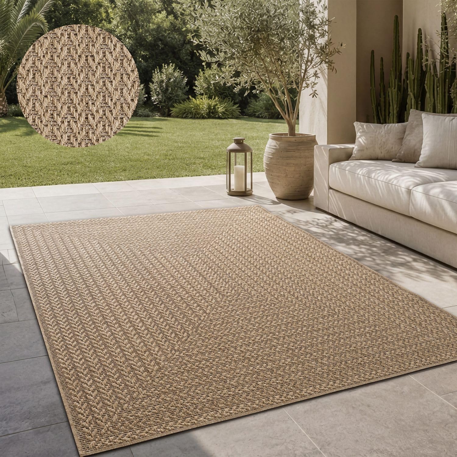 TT Home Outdoor Teppich Wetterfest Garten Schlafzimmer Flur Natürlicher Sisal Look Geometrisches Boho Design Modern Unifarben, Größe:240x340 cm