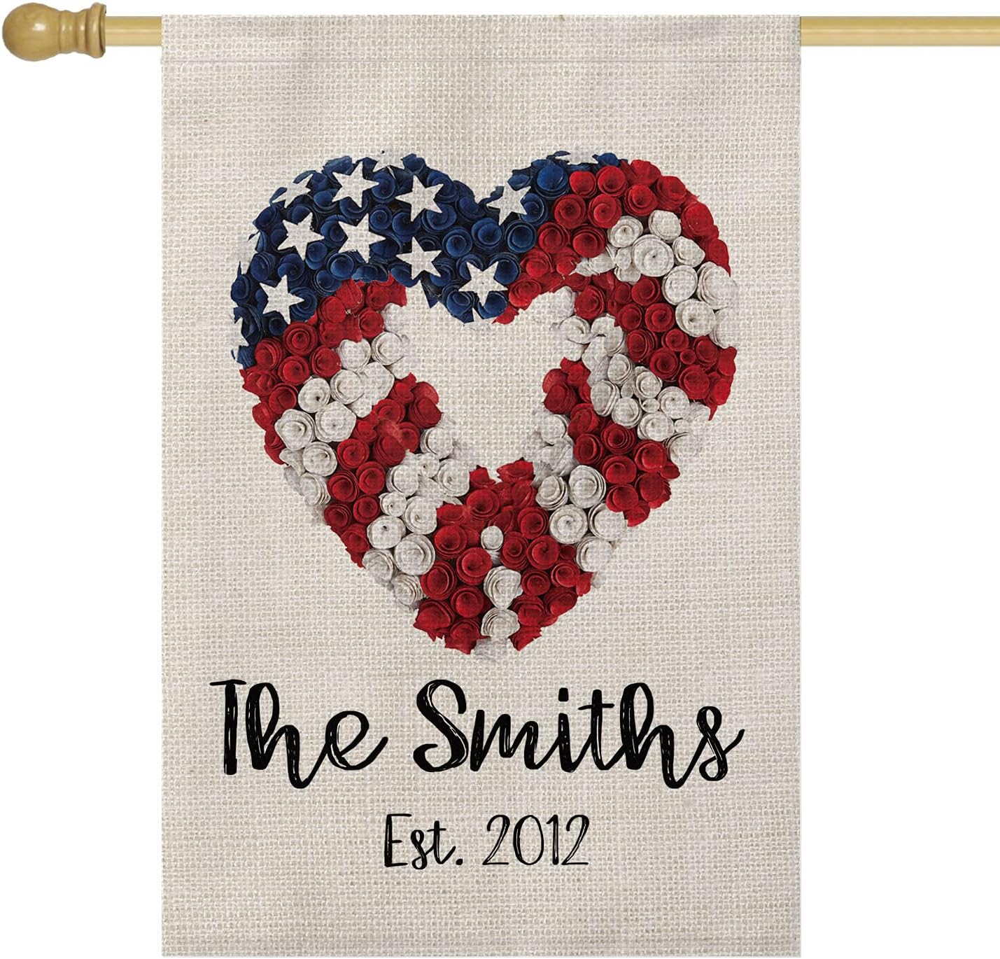 Smile Personalized 4th of July House Flag, Love Hearted Customized Family Name and Year America, Double Sided 28 x 40 Inch Rustic Farmhouse Burlap Yard Outdoor Decoration