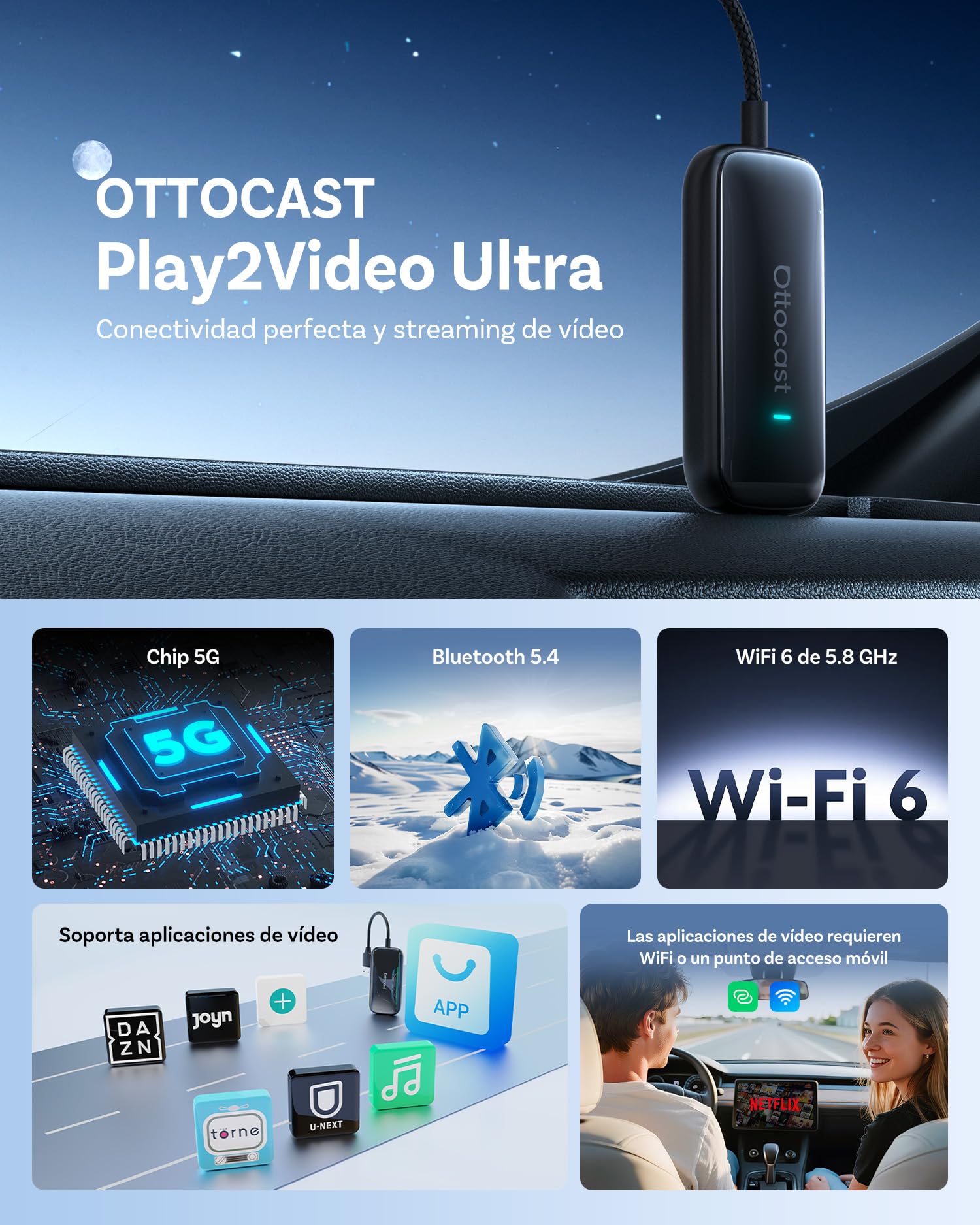 OTTOCAST Play2Video Ultra, Adaptador CarPlay Inalámbrico 3 en 1, Adaptador Android Auto con Netflix & Youtube, WiFi 6 + Chip 5G, Control Remoto, Reproducción USB sin conexión, para Coches Desde 2016