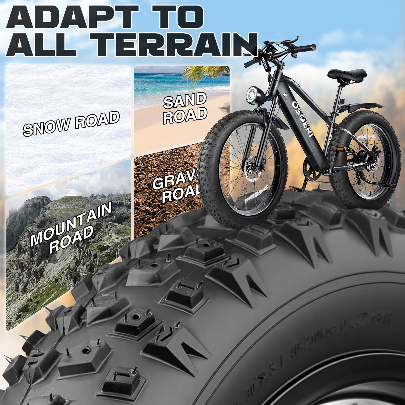 Pneu Fat Bike 20x4.0 et 26x4.0 (102-406/102-559), Vélo Électrique et VTT, Bande de Roulement à Motif granuleux, Adhérence Maximale sur Neige/Sable/Boue, 30 PSI