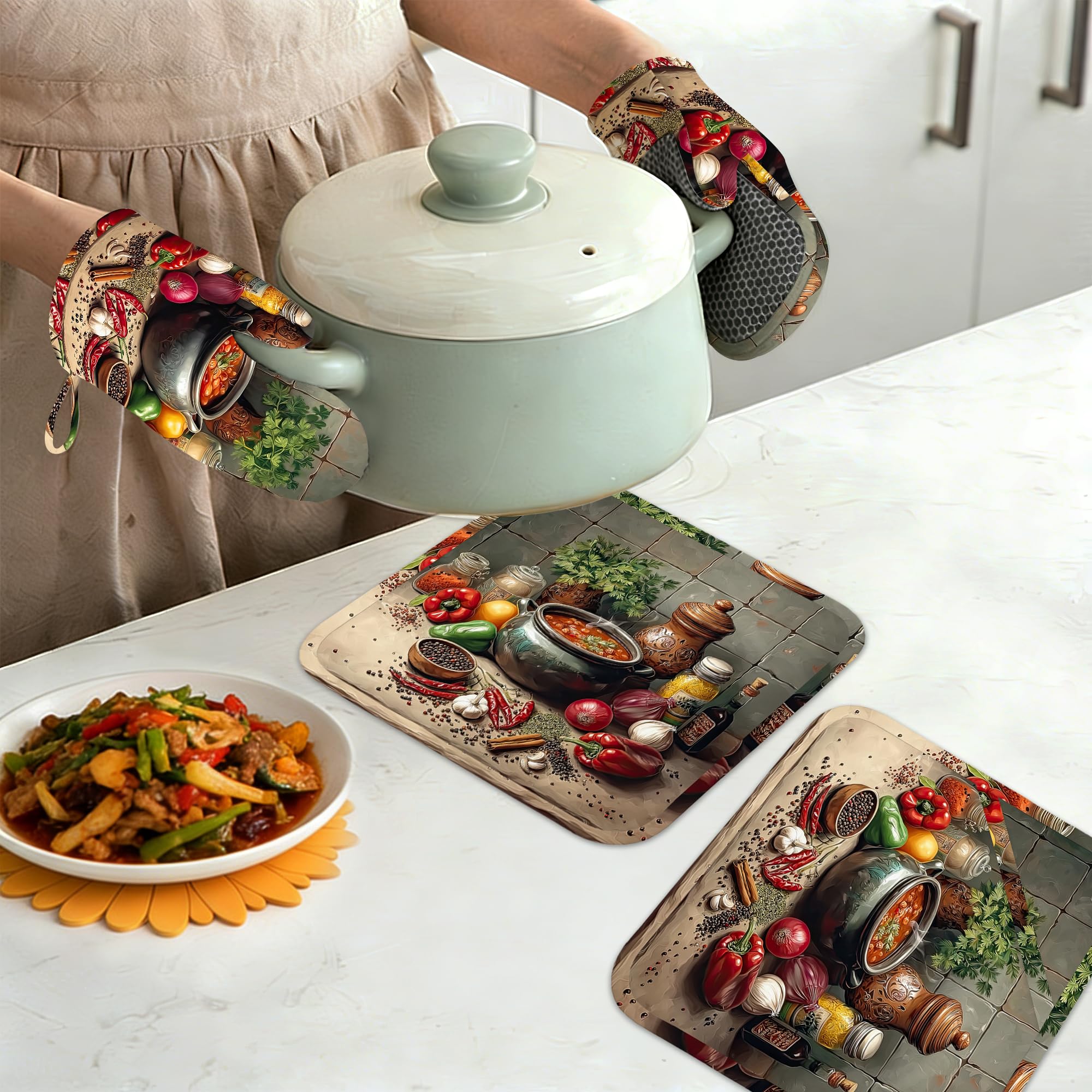 Juego de 4 manoplas de horno y soportes para ollas, resistentes al calor, antideslizantes, almohadillas calientes, regalos de cocina para mujeres panaderas, regalos de cocina para amantes de la cocina