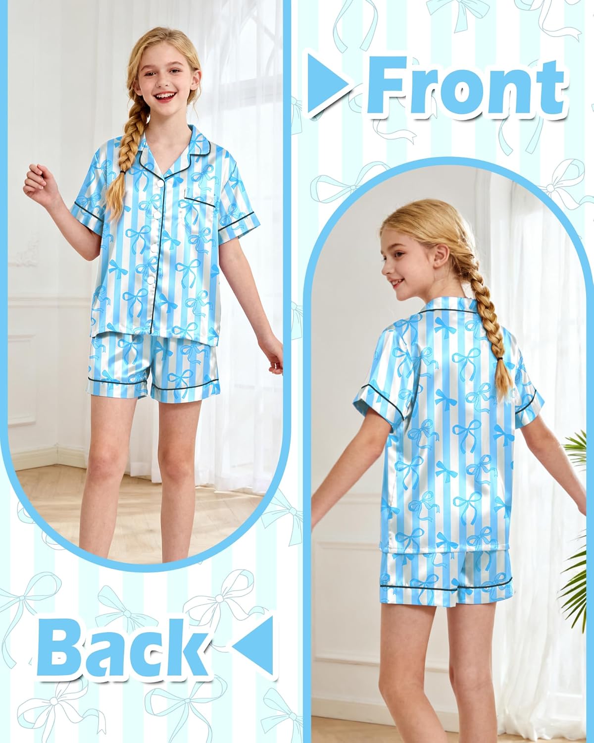 Sylfairy Girls Pajamas Silk PJS Set Bow Satin Sleepwear Short Sleeve Jammies for Kids Button-Down Nightwear size 7-8 10-12 - Image 3
