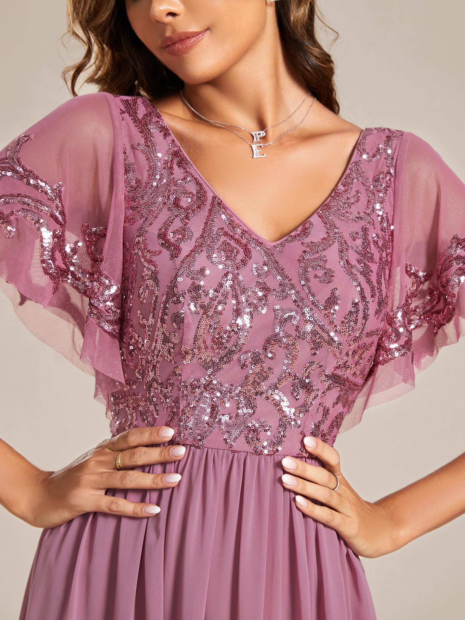 Ever-Pretty Vestito da Sera Mamma Lungo Chiffon Linea ad A Scollo a V Maniche Corte Chic Abito da Cerimonia EM01583