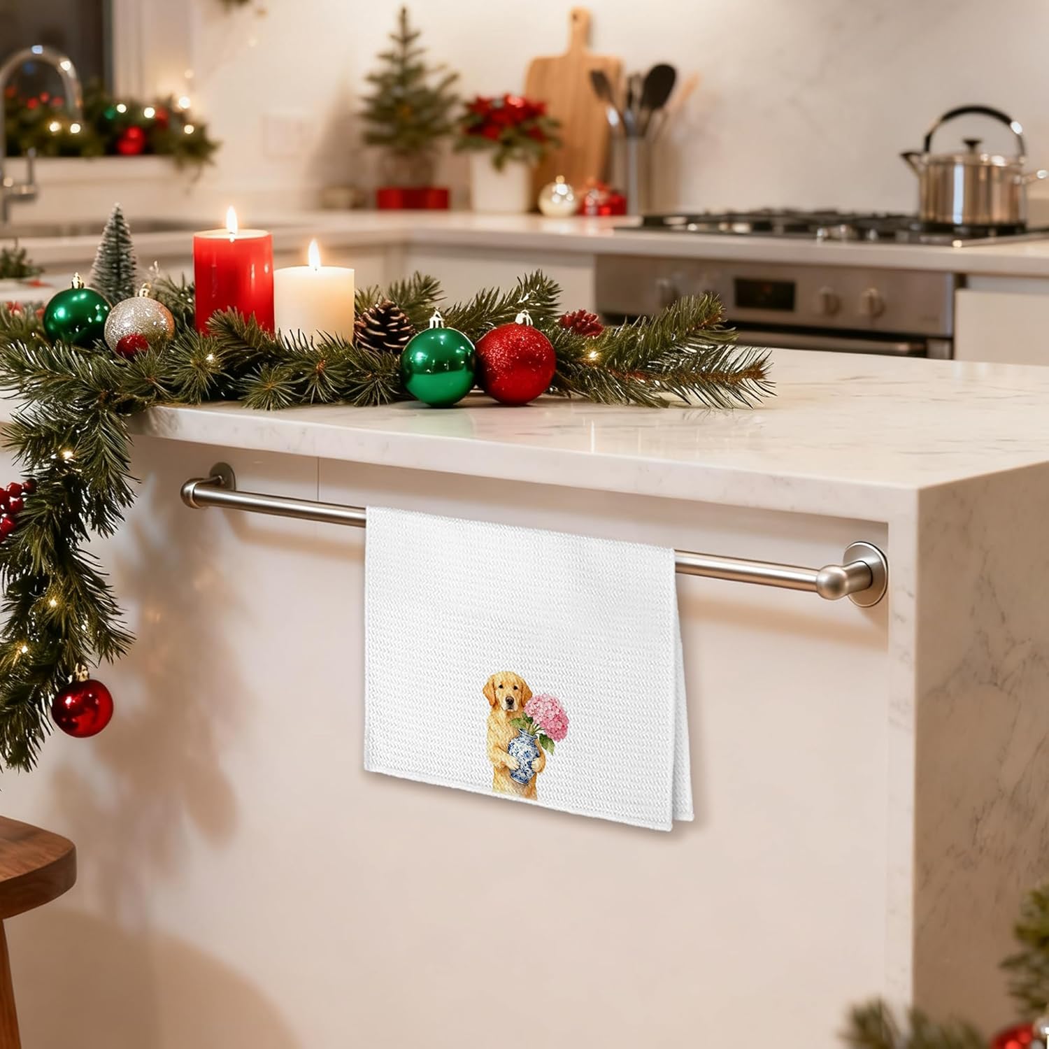 Chinoiserie Pink Hydrangea Golden Retriever Kitchen Towels 16x24 in, Golden Retriever Lover Gifts, Grandmillennial Pink Floral Dog Decorative Hand Tea Dish Towels for Bathroom Kitchen - Image 3