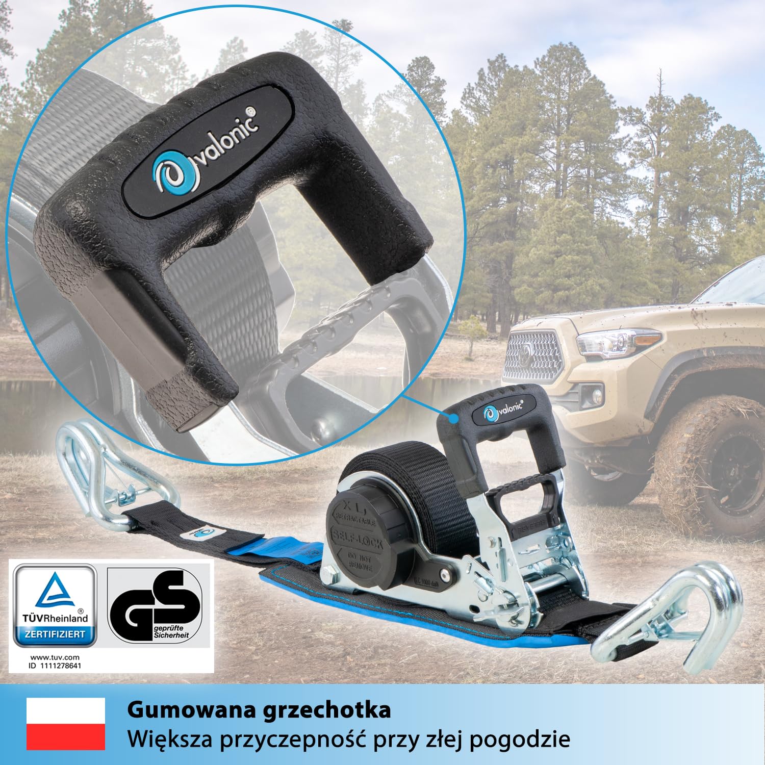 valonic GRIZZLY - XXL Automatyczny pas mocujący Premium z karabińczykiem, wyściełany, 2 sztuki, 5m, 35mm, 800/1600 kg, z grzechotką, EN-12195-2, czarny