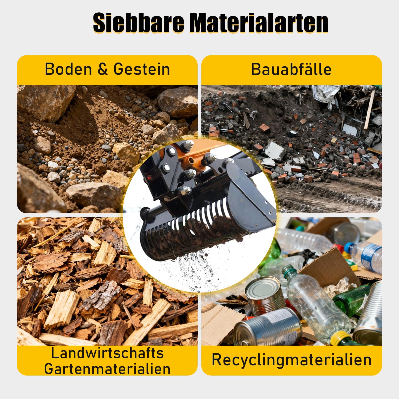 Siebschaufel Minibagger 60 cm, 800-1800 kg Sieblöffel | Manganstahl, 2,5 cm Sieböffnung, inklusive Pins, für Trennung von Erde, Sand, Steinen und grobem Material