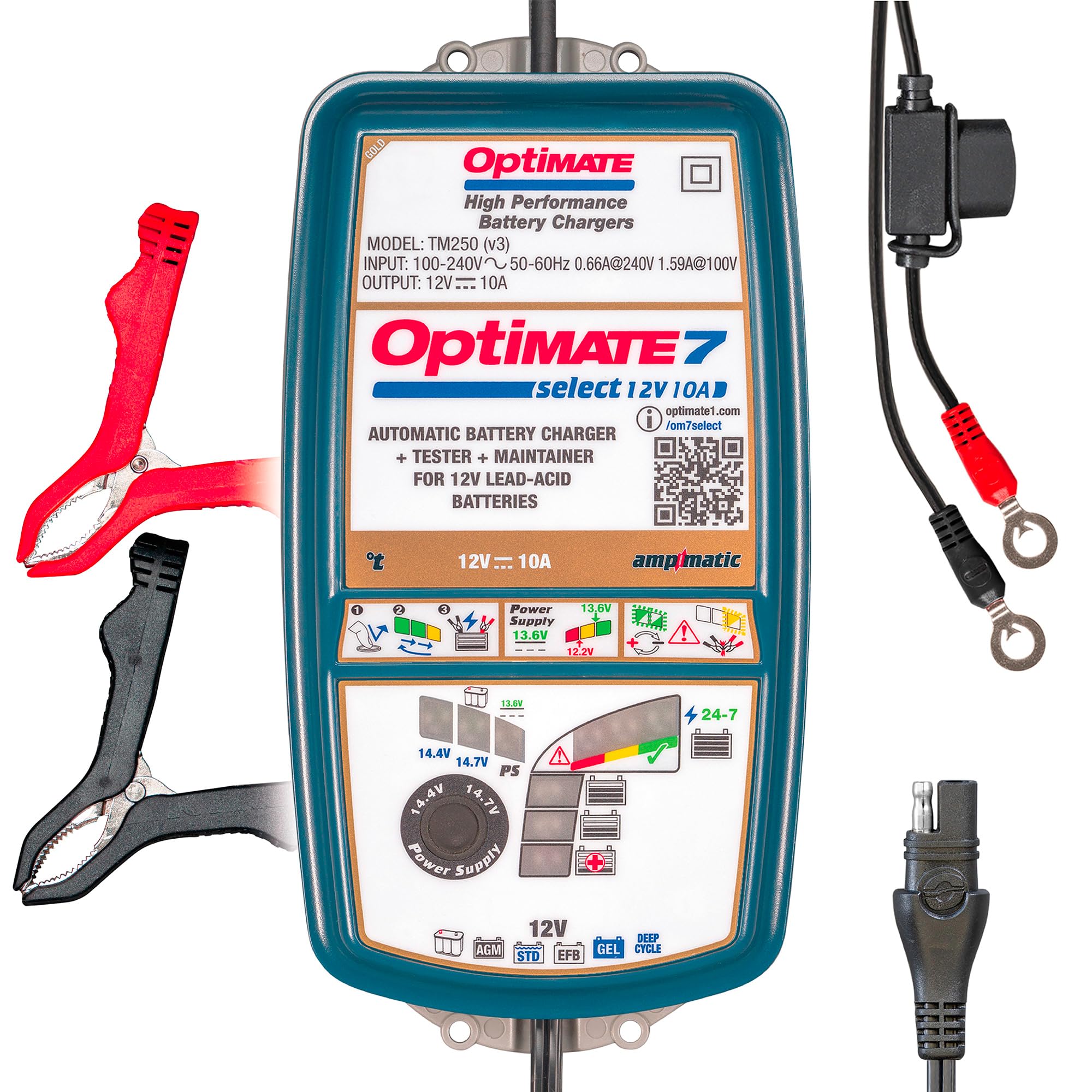 OptiMate 7 Select 12V 10A Charger/Maintainer for AGM GEL EFB & Deep-Cycle Lead-Acid 3–240Ah with 13.6V Power Supply Mode