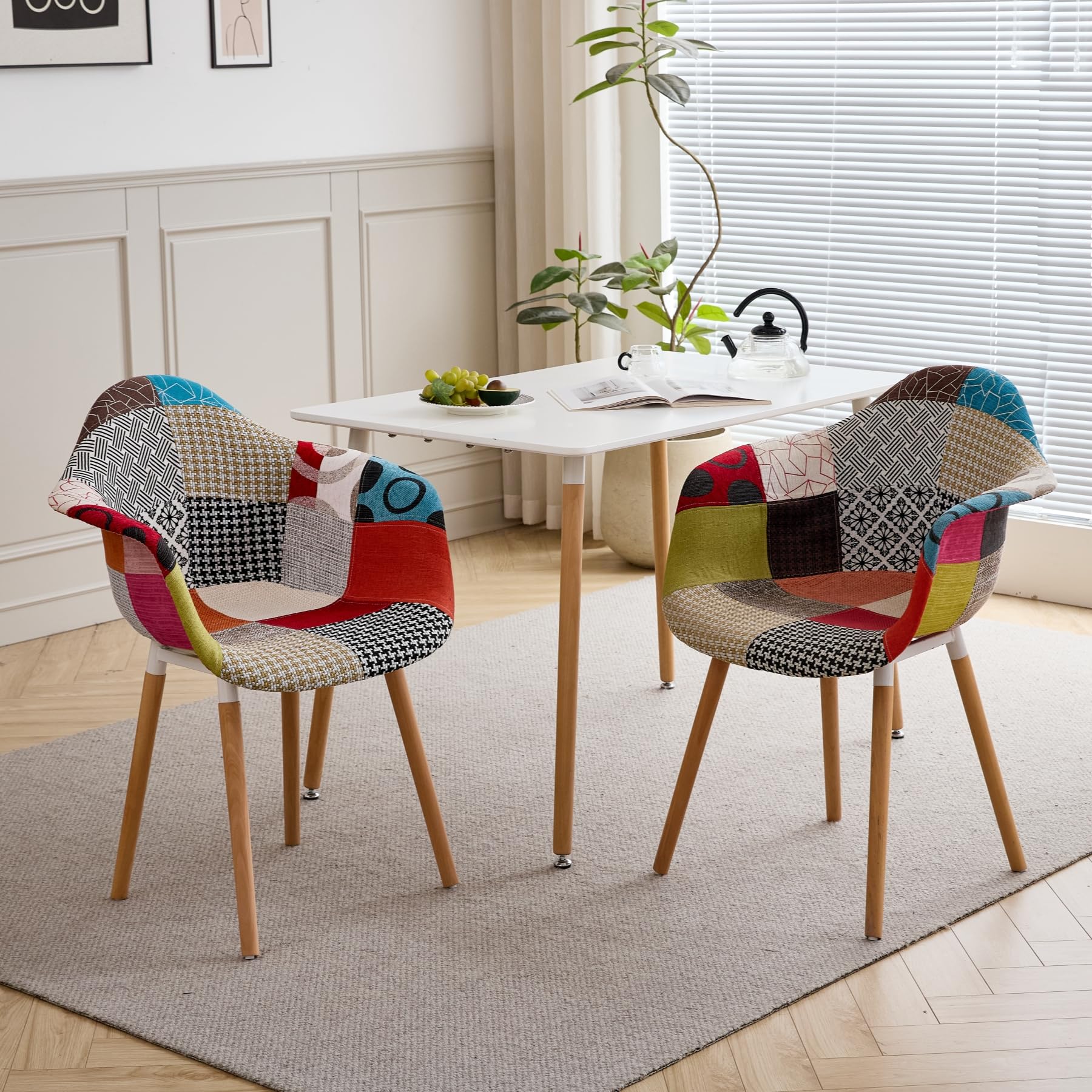 GrandCA HOME Set di 2 Sedie da Pranzo Moderne con Braccioli, Gambe in Faggio, Sedie da Cucina Patchwork Nordiche per Cucina, Soggiorno, Sala da Pranzo, Camera da Letto (Rosso)
