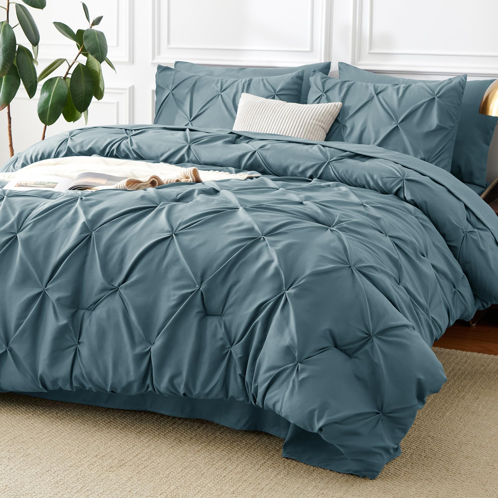 CozyLux Queen Comforter Set Mineral Blue, 7 Pieces Pintuck Bed in a Bag | 240GSM All Season Down-Alternative Fill, OEKO-TEX 100 Certified, Bedroom Guest Room, Comforter, Sheets, Pillowcases & Shams