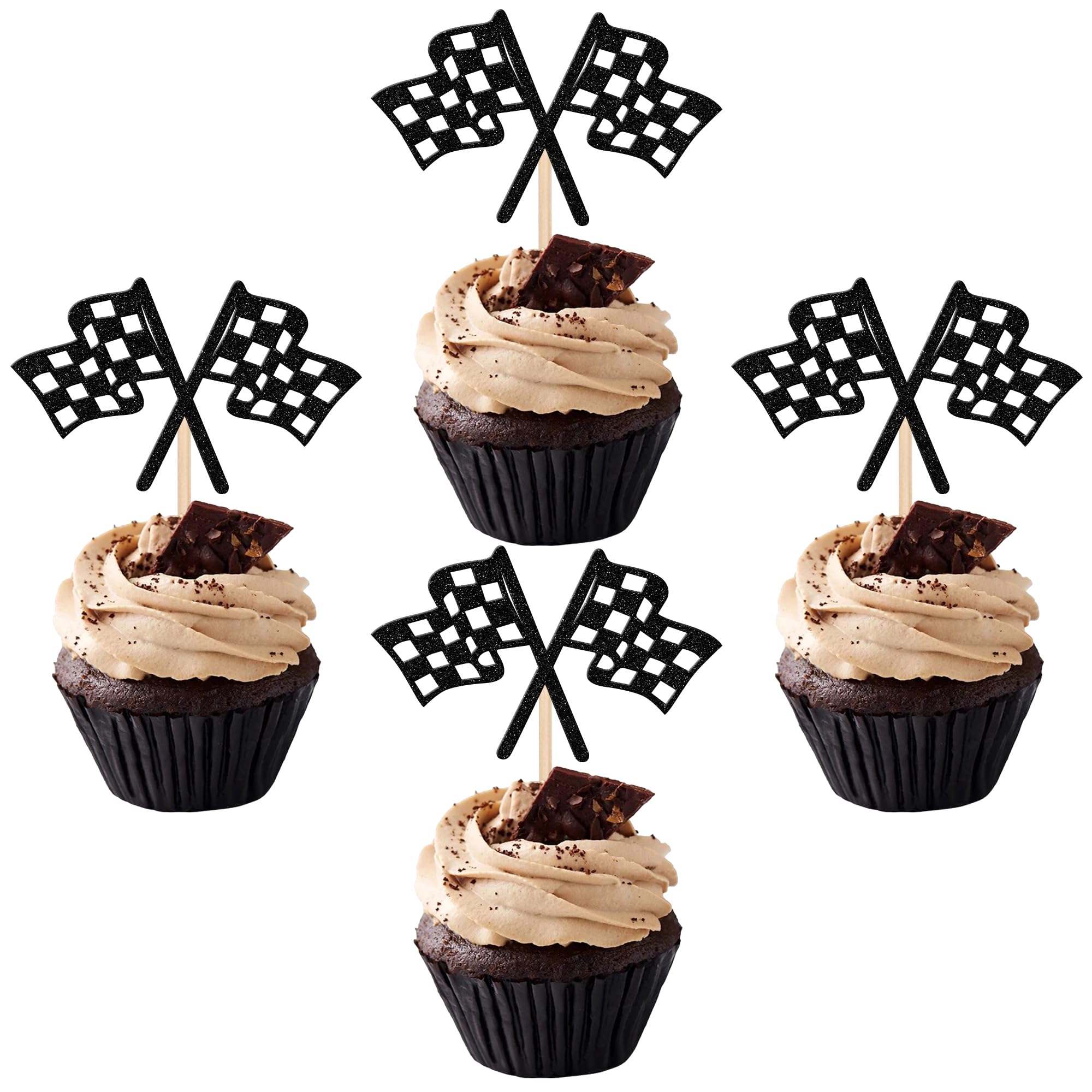 100 Stück Karierte Cupcake-Einlagen + 100 Topper – Rennwagen-Party-Deko (schwarz-weiß)