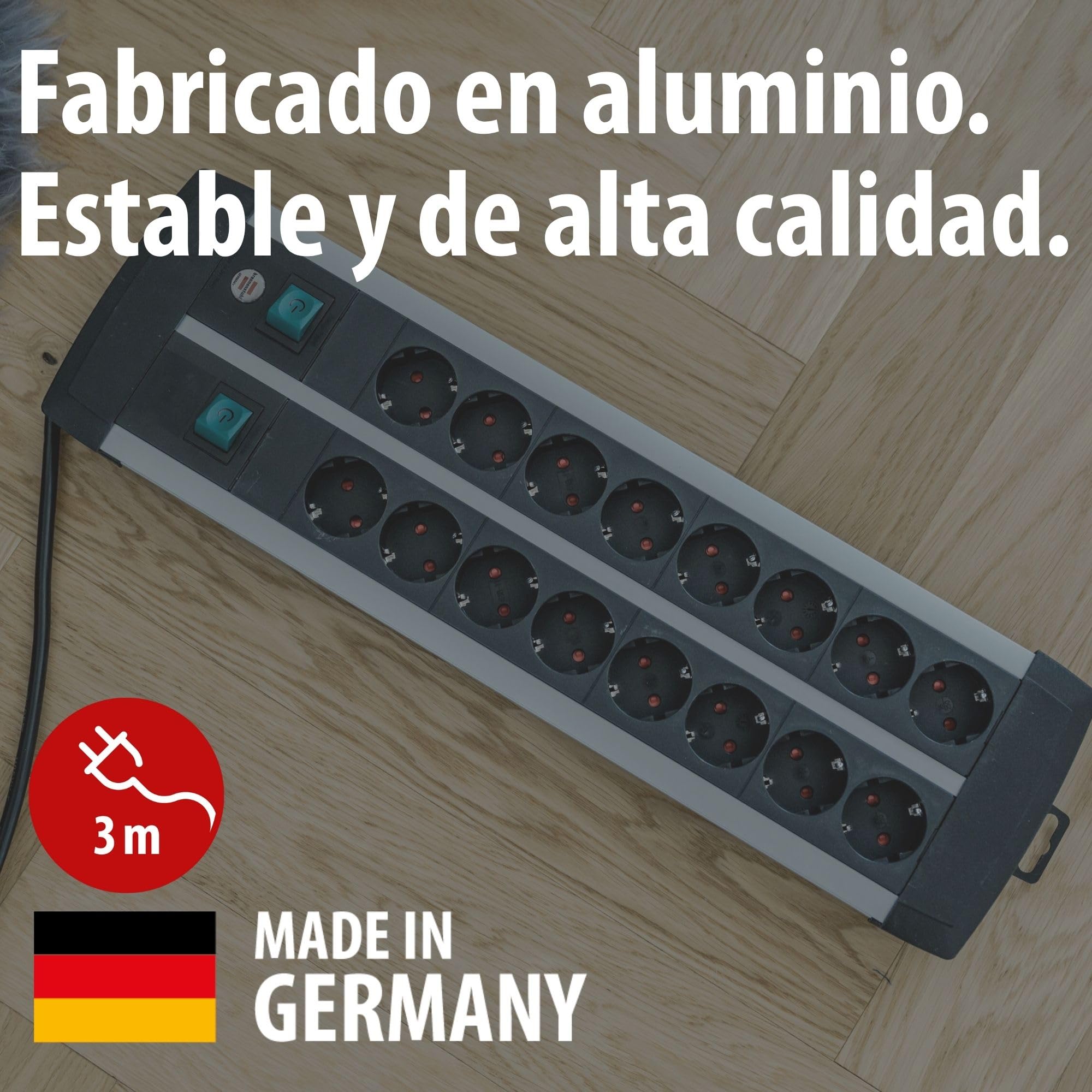 Brennenstuhl Premium-ALU-Line regleta enchufes con 16 Tomas y Interruptor Individual (Cable de 3m, 2X Interruptor Iluminado, Fabricado en Alemania)