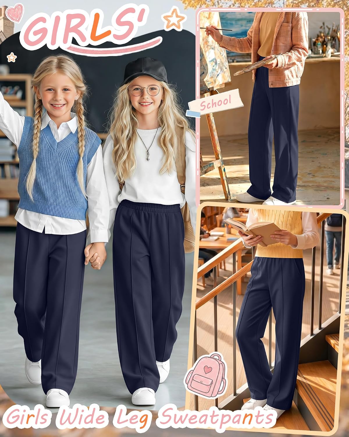 Girls Athletic Sweatpants Wide Leg Active Baggy Loose Fit Casual Elastic Waist Straight Pants with Pockets