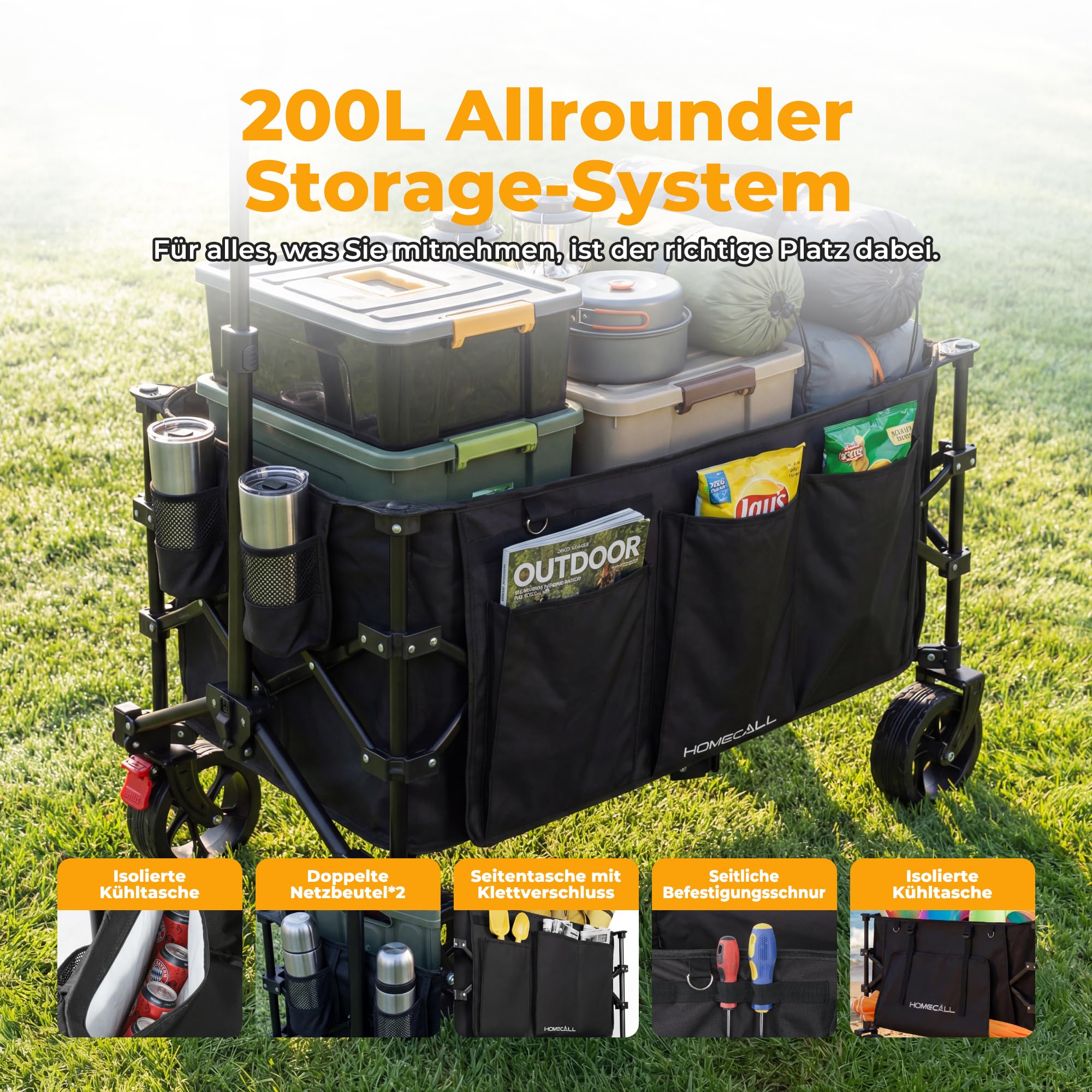 Bollerwagen Faltbar 200L 200KG Belastbar, Strandwagen Klappbar mit Regenschutz, Reflektorstreifen, Bremsen; Breite Reifen All Terrain Faltbarer Strandwagen Für Camping, Strand, Outdoor