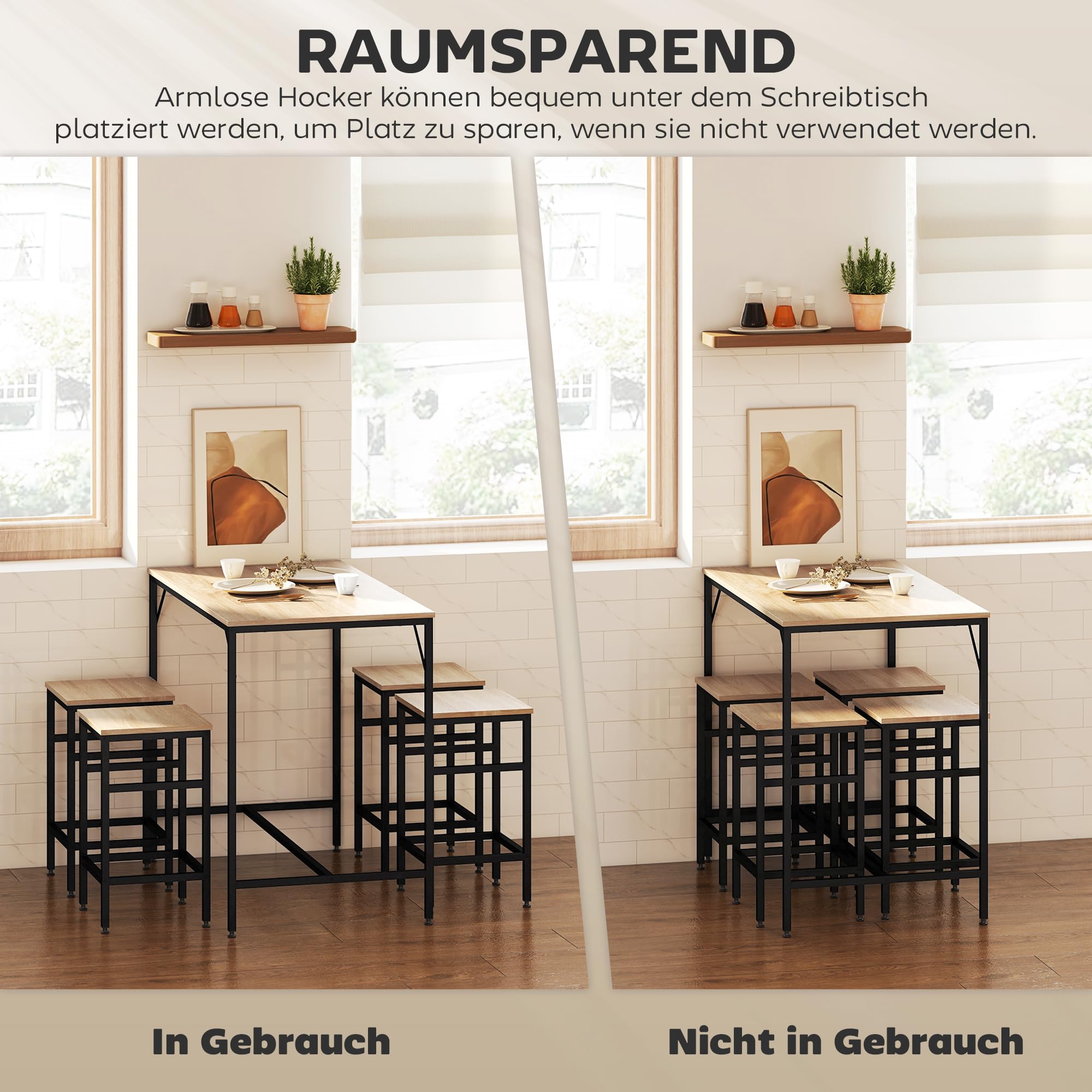 HOMCOM 5-teiliges Bartisch Set Bartisch mit Barhocker-Set Esstisch mit 4 Stühlen Küchentisch für Esszimmer, Küche, Eiche+Schwarz