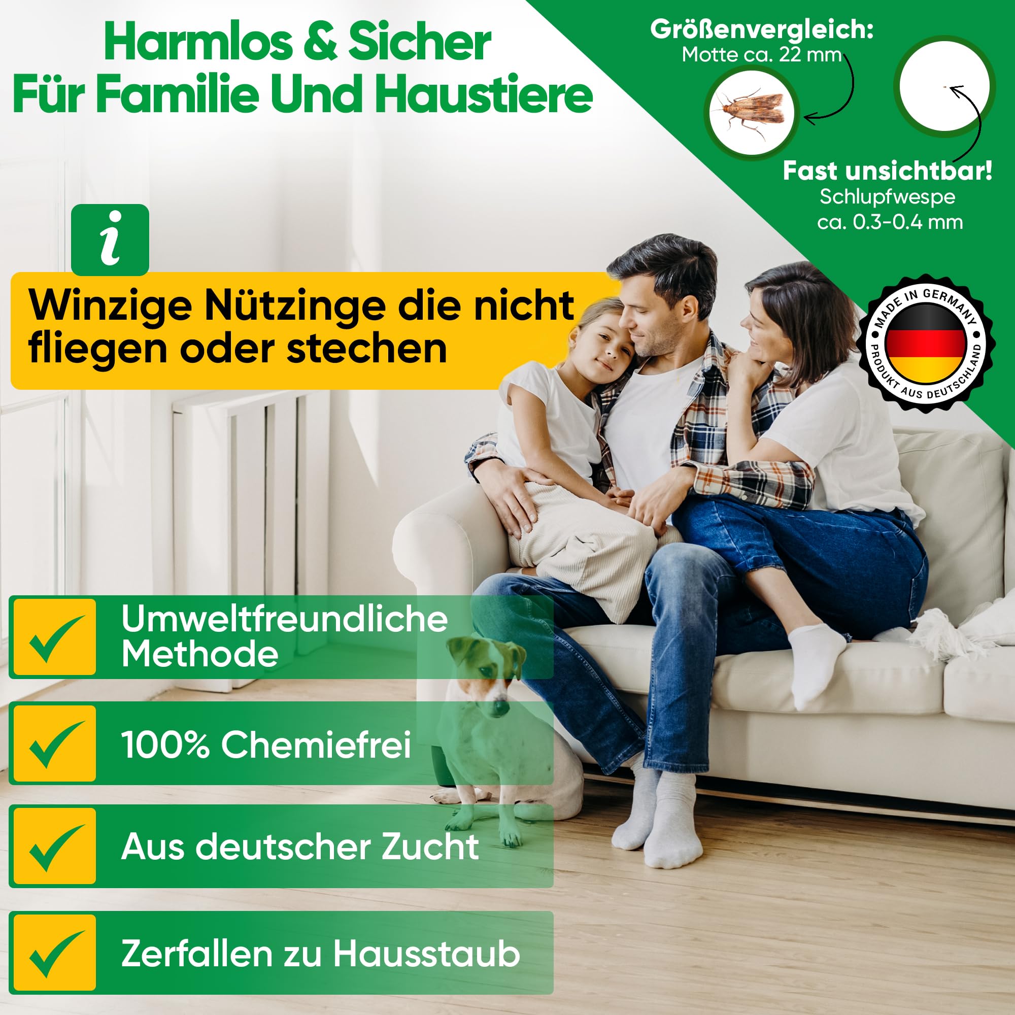GREEN GUARDIA Avispas contra polillas alimentarias, 3 tarjetas a 3 entregas, combatir eficazmente y ecológicamente las polillas de los alimentos, alternativa a la trampa de polillas, spray de polillas